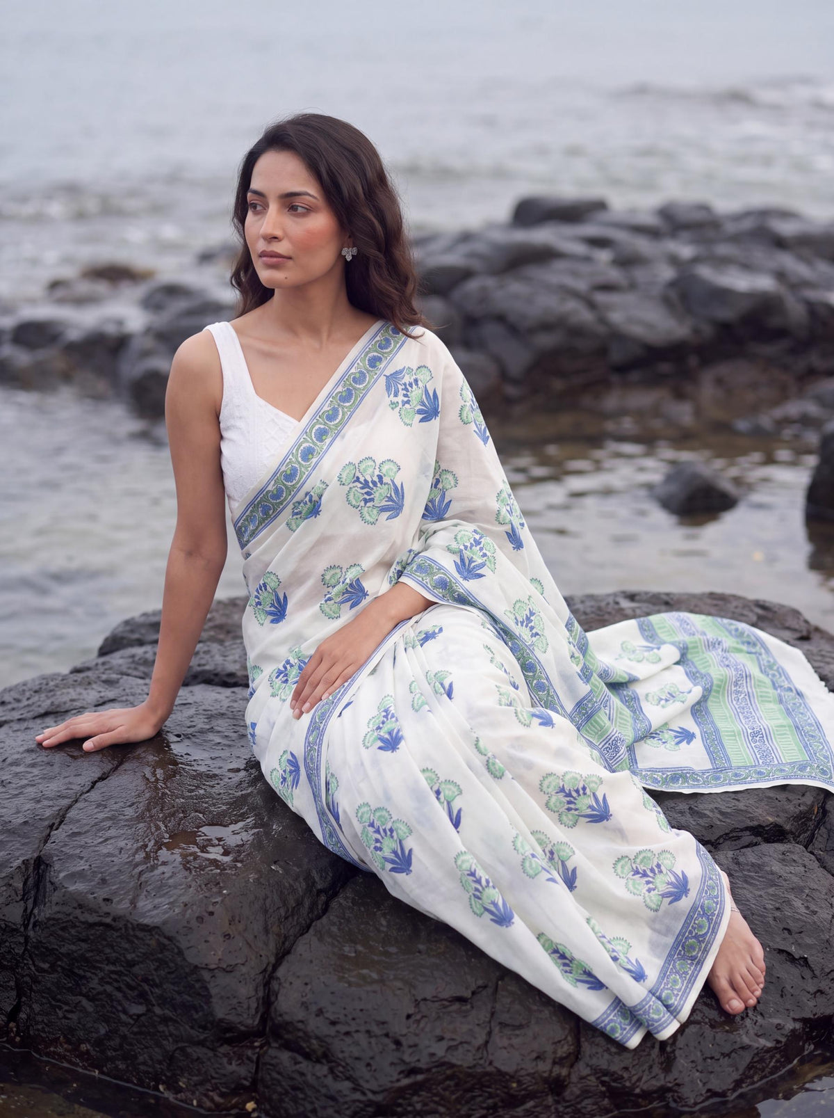 Leher  – Blue Sanganeri Block Print Mulmul Saree