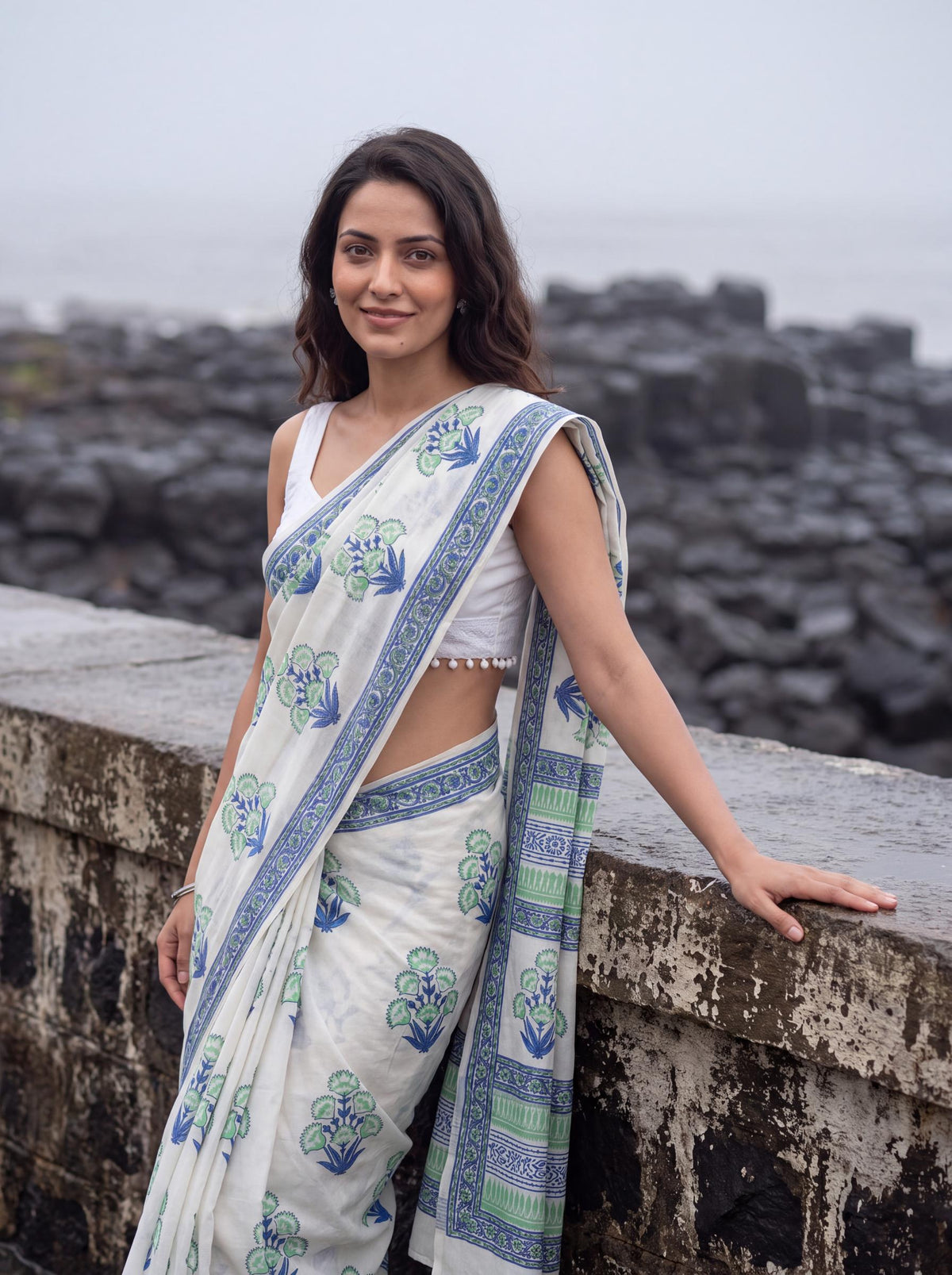 Leher  – Blue Sanganeri Block Print Mulmul Saree