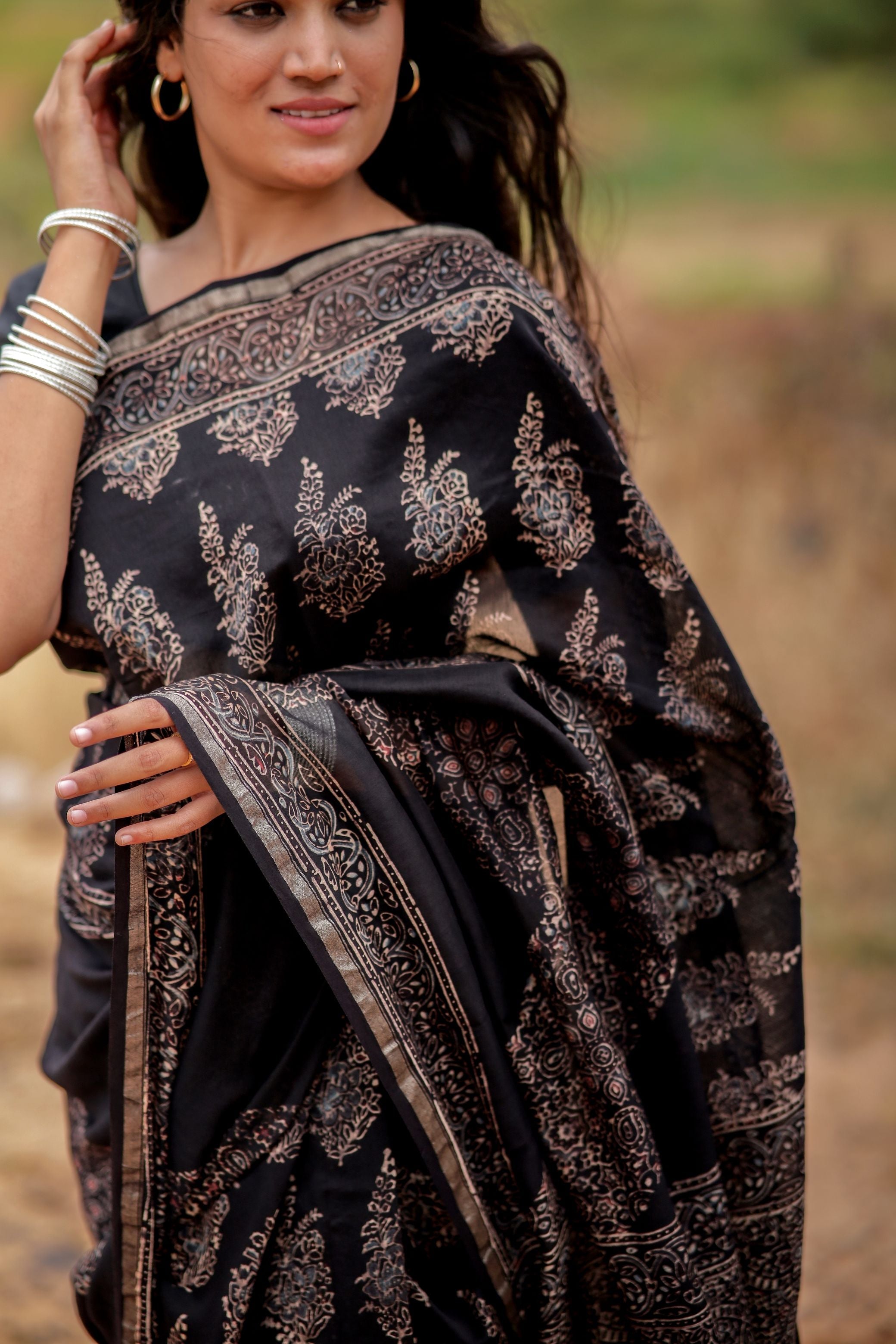 Jharokha -Black Mughal boota floral silk cotton Ajrakh handblockprinted saree Kaisori