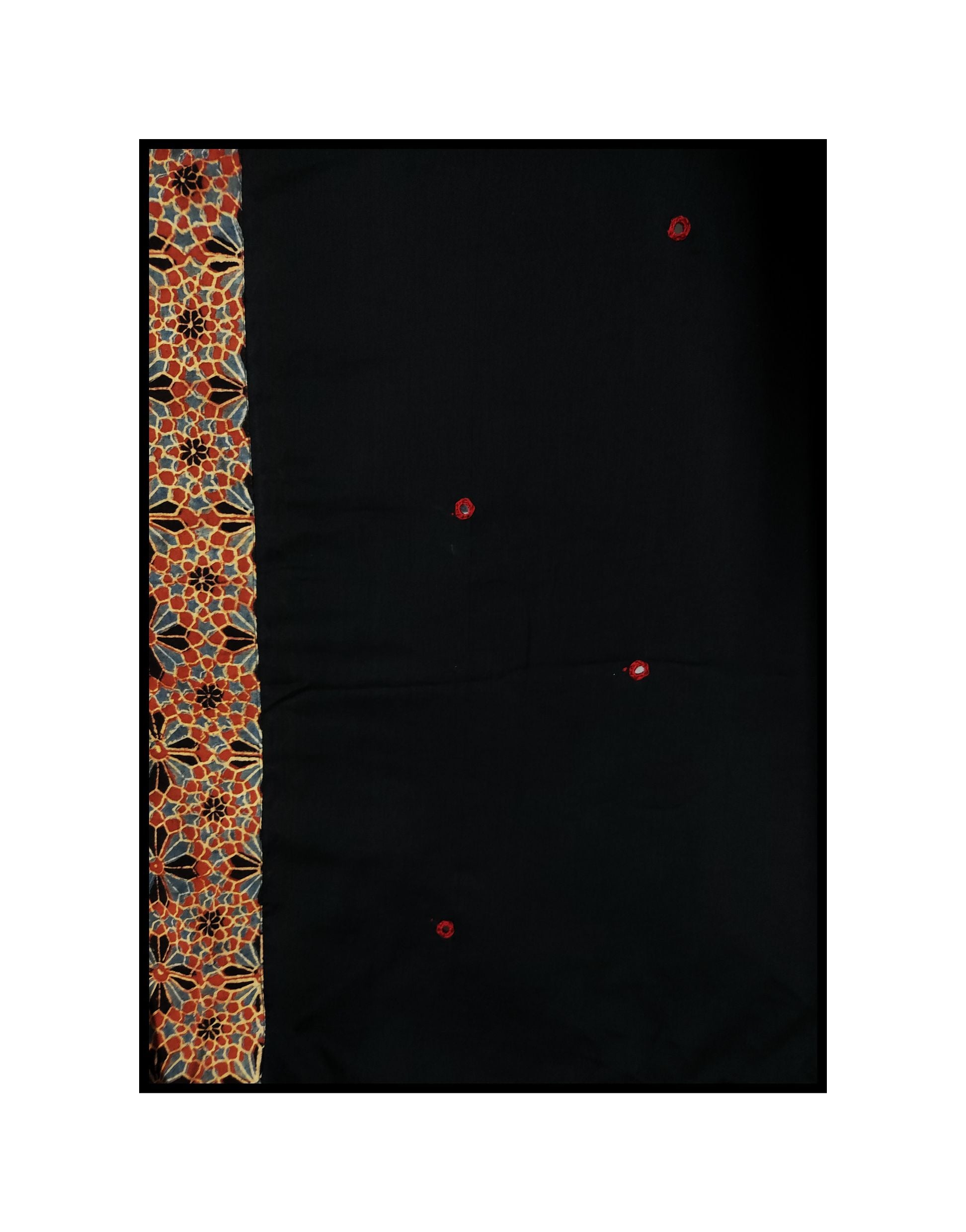 Jharokha -  Black and Red Ajrakh handblockprinted patchwork Gudri Barmer saree Kaisori