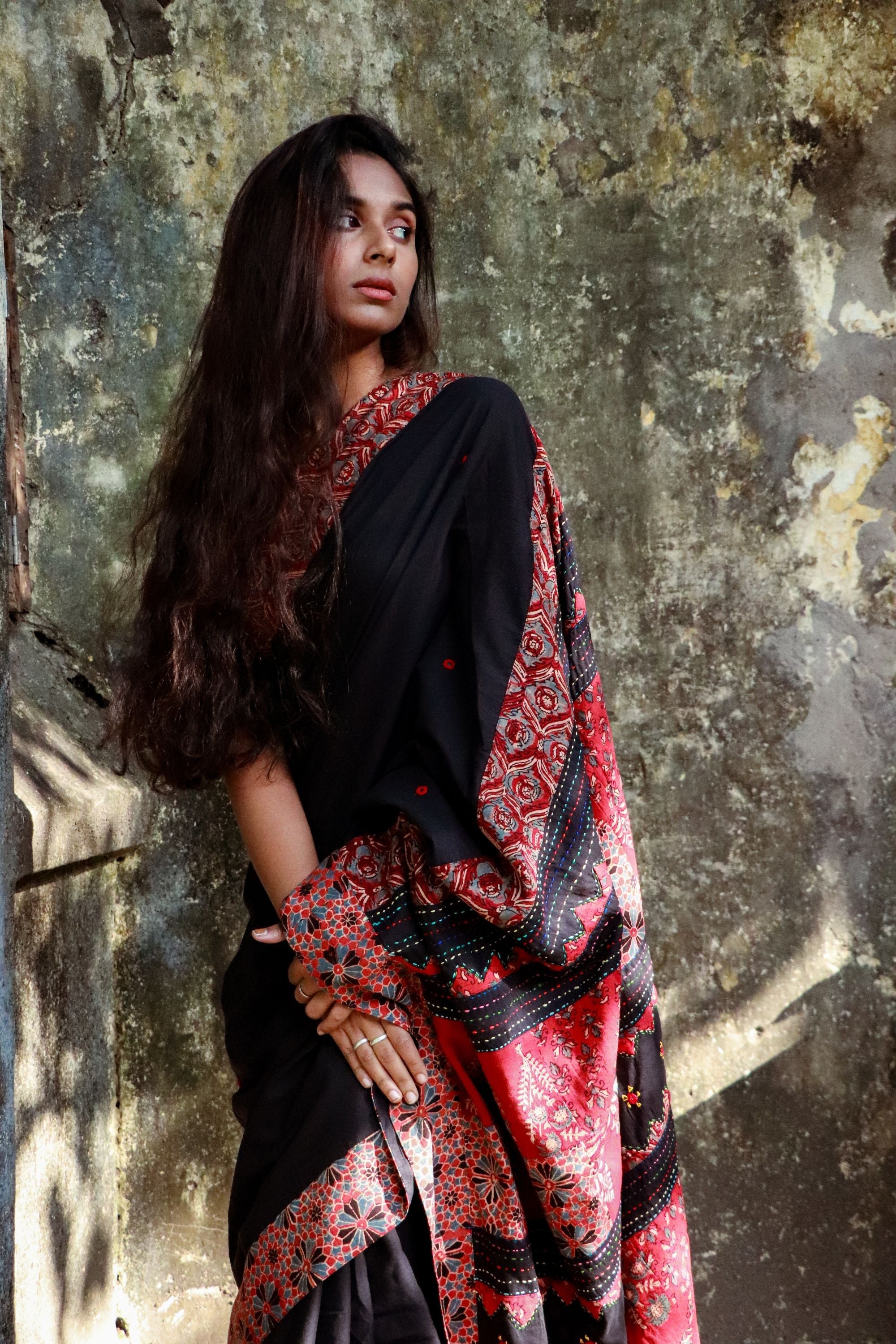 Jharokha -  Black and Red Ajrakh handblockprinted patchwork Gudri Barmer saree Kaisori