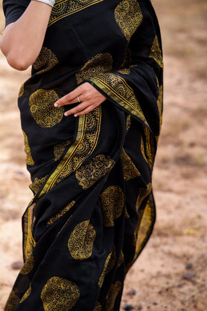 Jharokha -Black and green floral silk cotton Ajrakh handblockprinted saree Kaisori