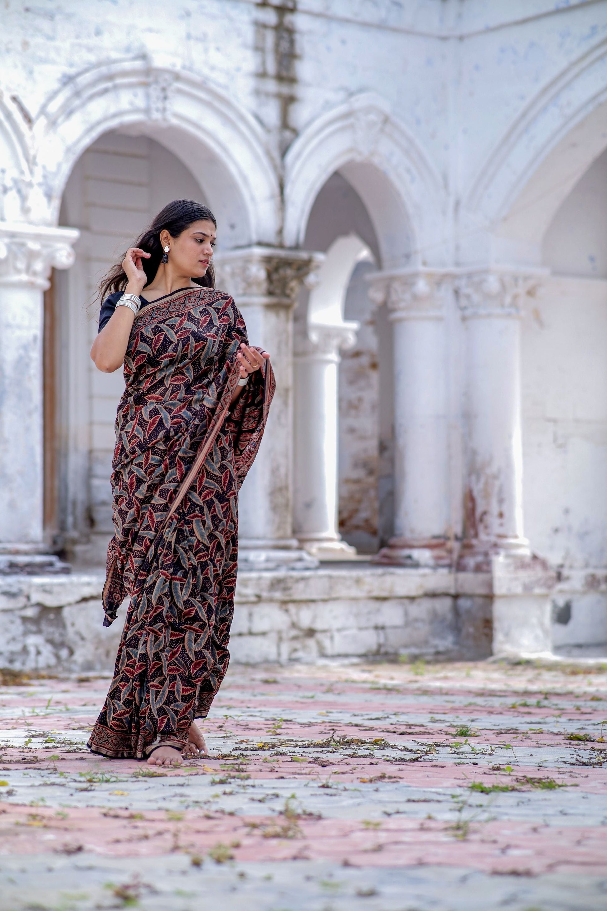 Jharokha -Black leaf silk cotton Ajrakh handblockprinted saree Kaisori