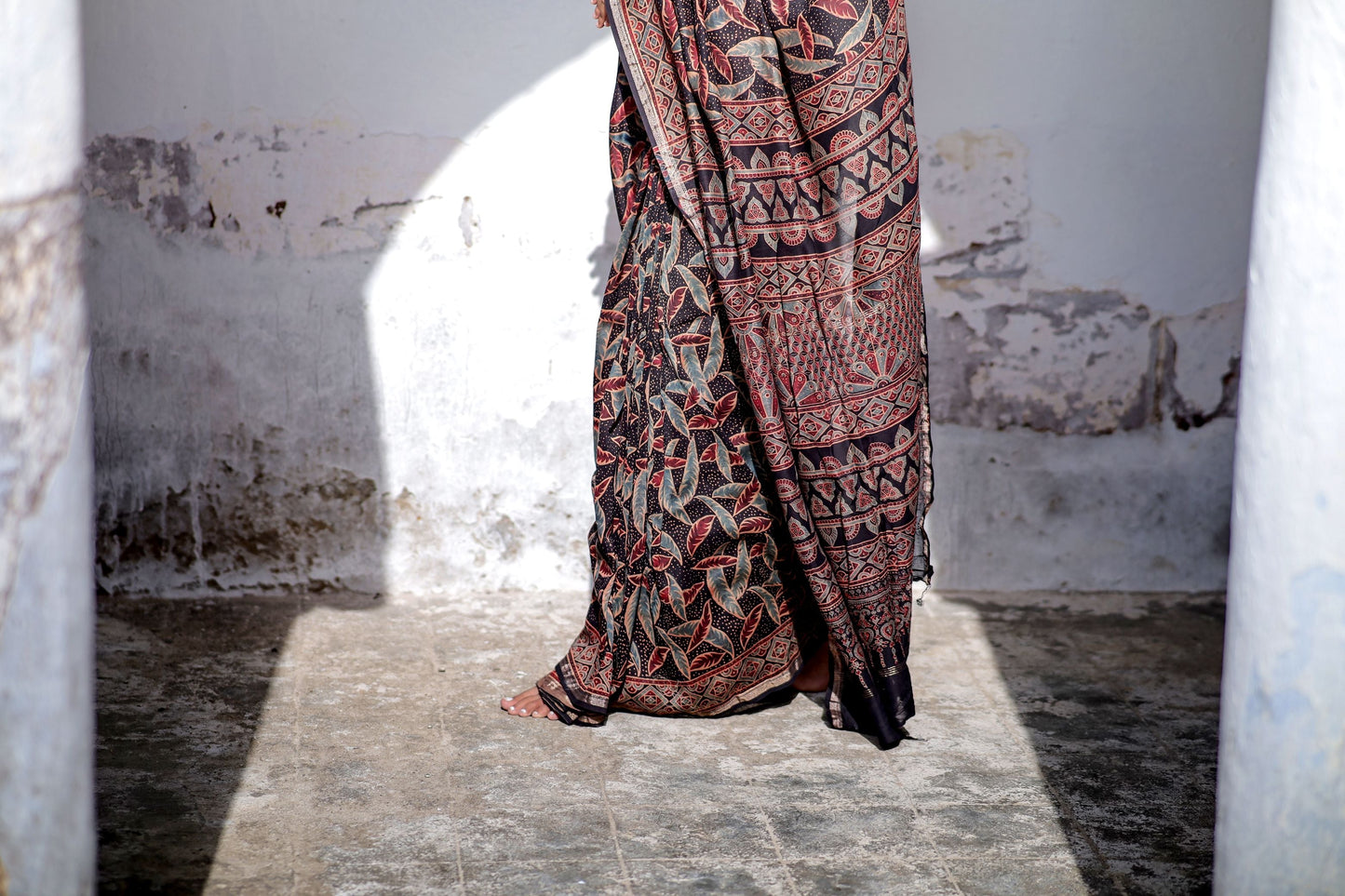 Jharokha -Black leaf silk cotton Ajrakh handblockprinted saree Kaisori