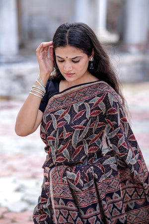 Jharokha -Black leaf silk cotton Ajrakh handblockprinted saree Kaisori