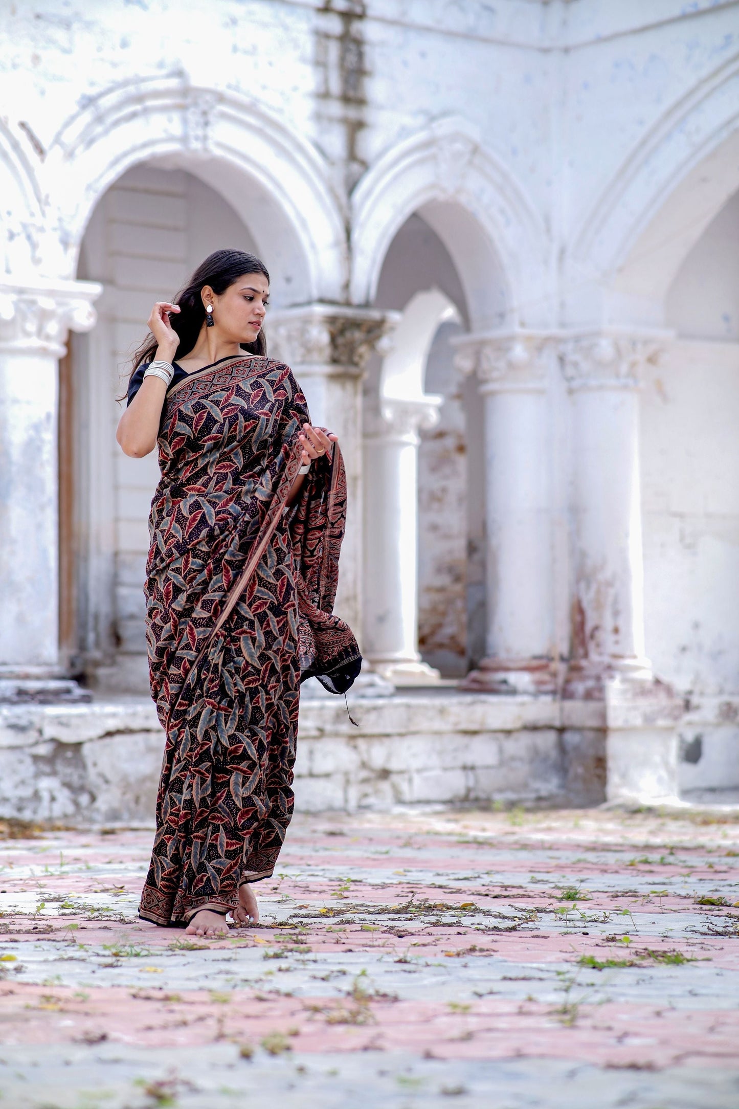 Jharokha -Black leaf silk cotton Ajrakh handblockprinted saree Kaisori