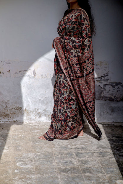 Jharokha -Black leaf silk cotton Ajrakh handblockprinted saree Kaisori