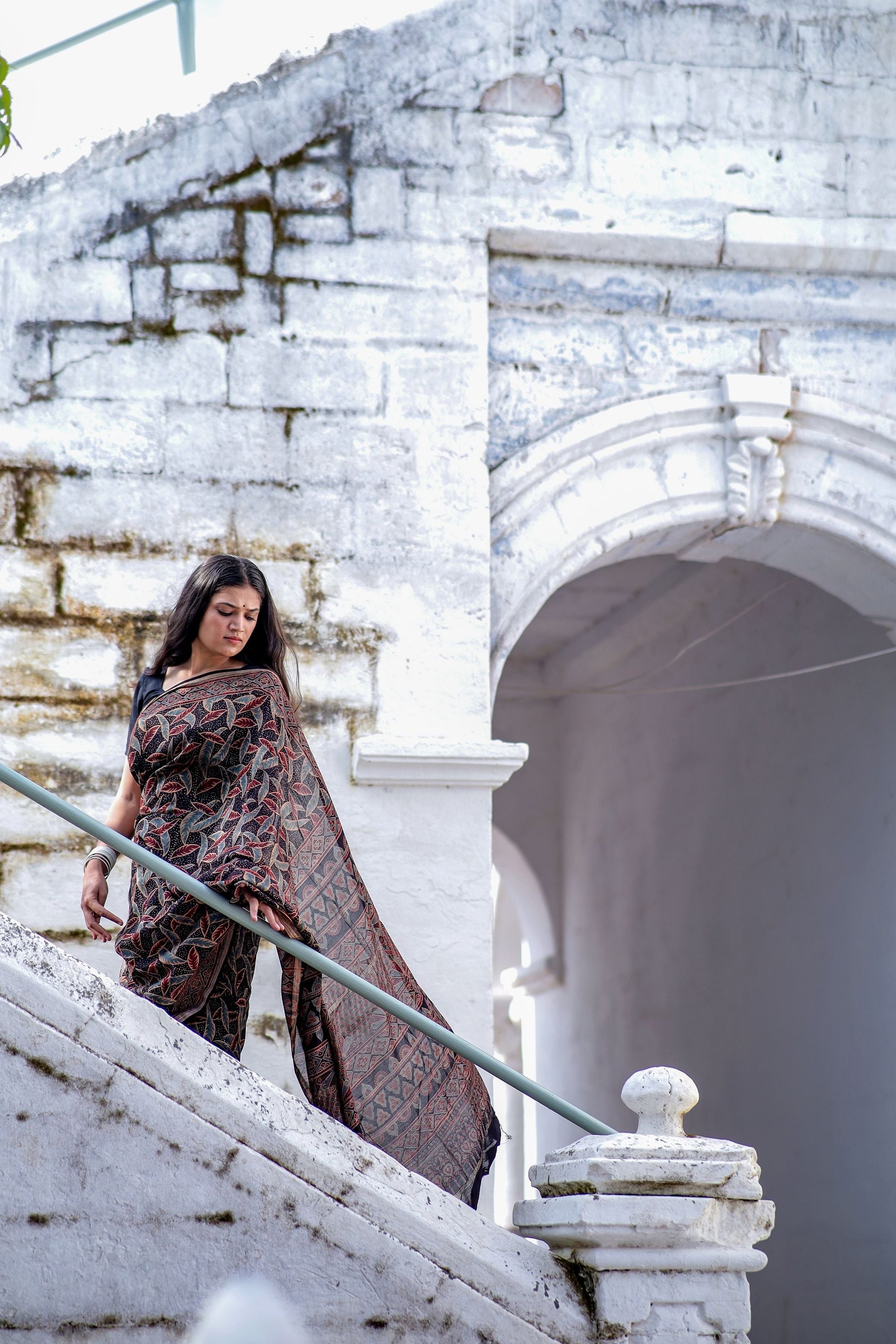 Jharokha -Black leaf silk cotton Ajrakh handblockprinted saree Kaisori