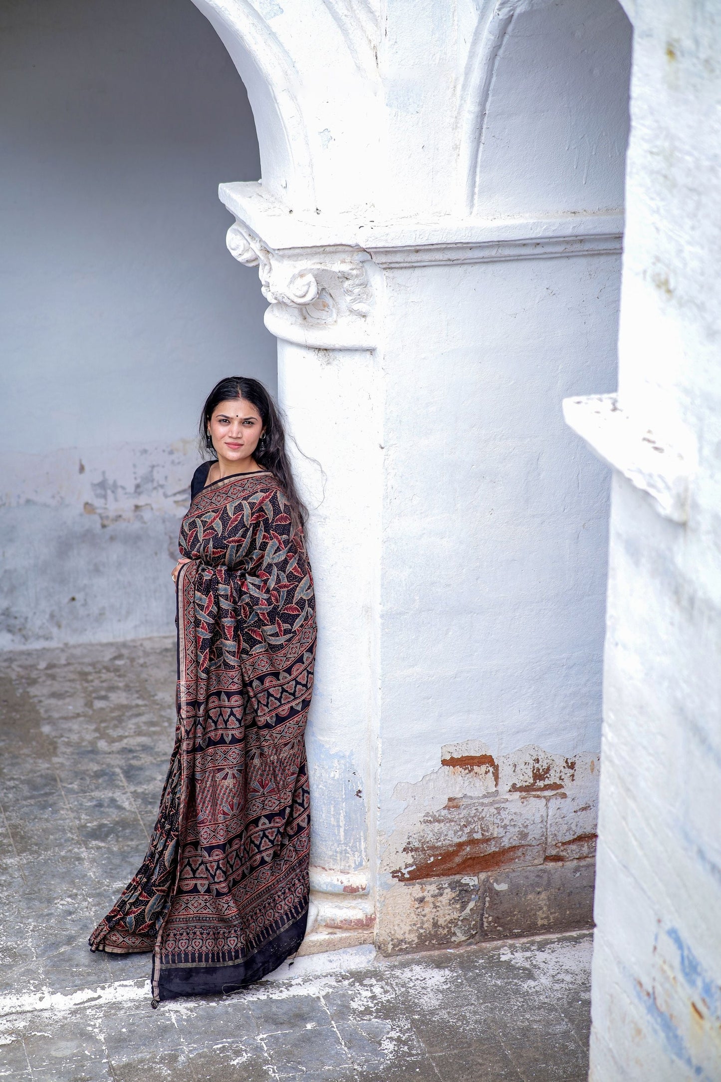 Jharokha -Black leaf silk cotton Ajrakh handblockprinted saree Kaisori