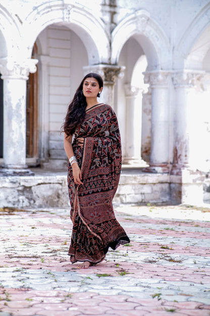 Jharokha -Black leaf silk cotton Ajrakh handblockprinted saree Kaisori