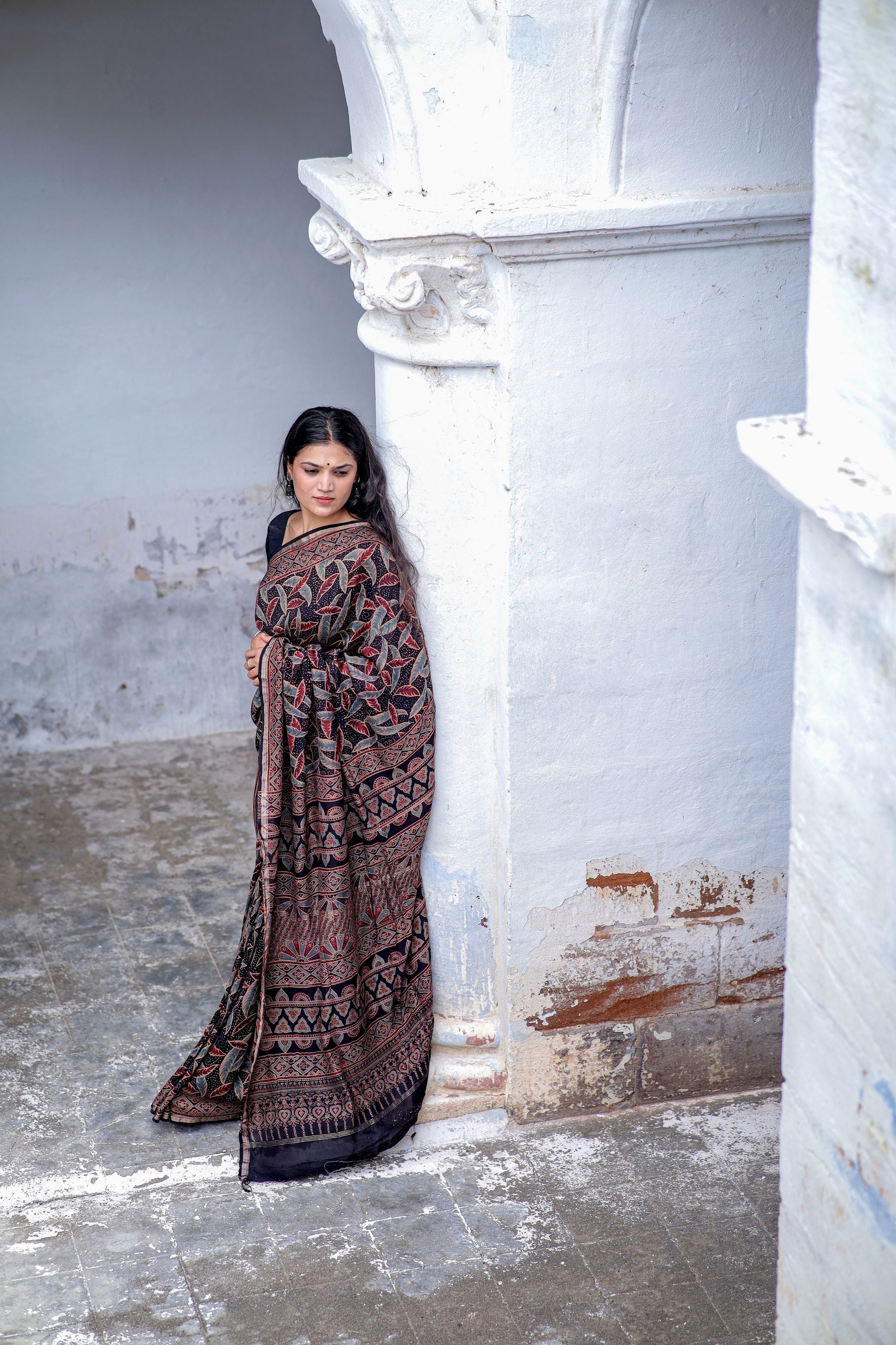 Jharokha -Black leaf silk cotton Ajrakh handblockprinted saree Kaisori