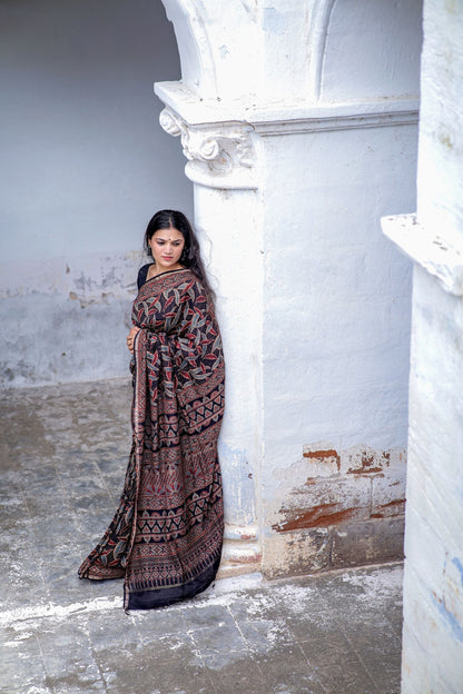 Jharokha -Black leaf silk cotton Ajrakh handblockprinted saree Kaisori