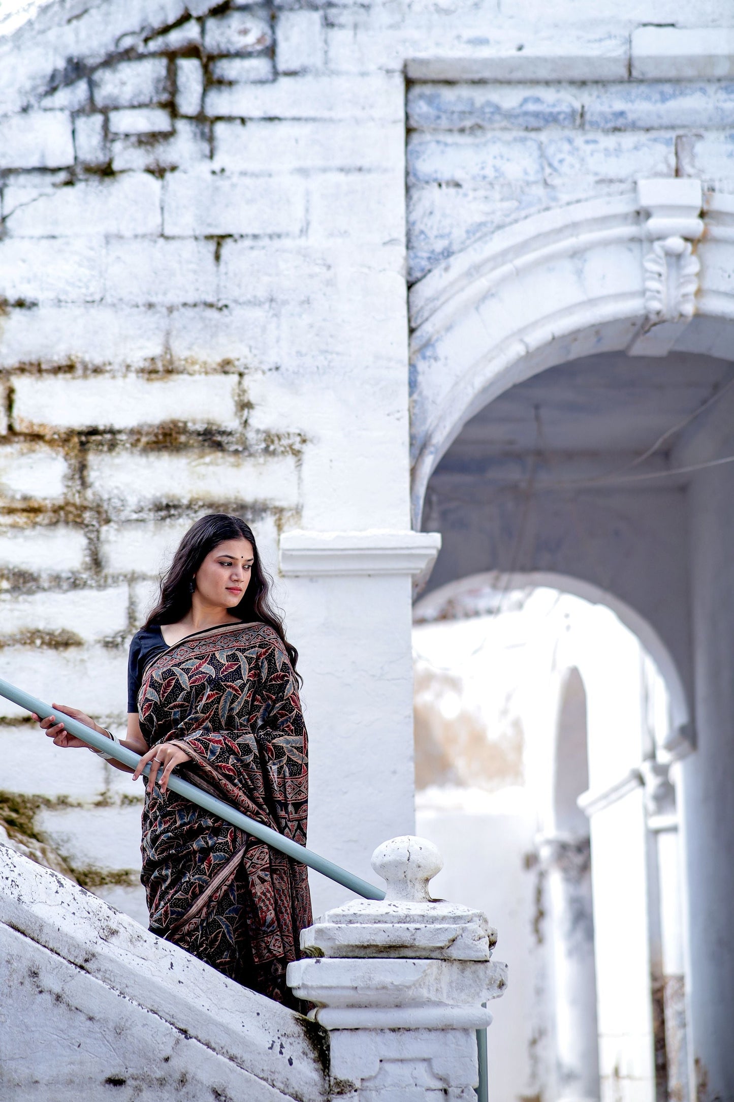 Jharokha -Black leaf silk cotton Ajrakh handblockprinted saree Kaisori