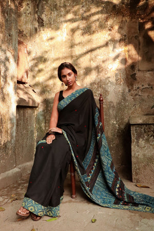 Jharokha -  Blue and Black Ajrakh handblockprinted patchwork Gudri Barmer saree Kaisori