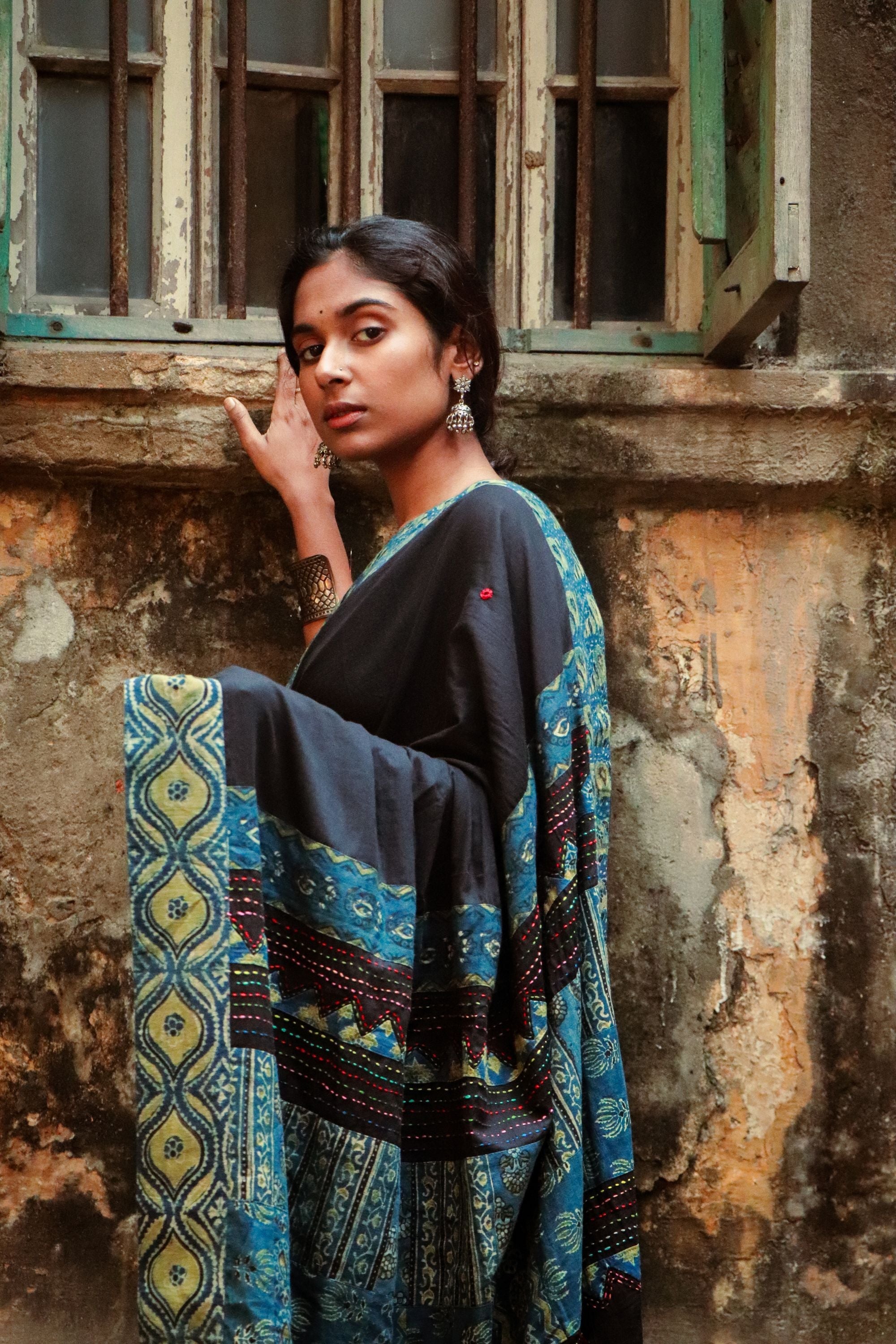 Jharokha -  Blue and Black Ajrakh handblockprinted patchwork Gudri Barmer saree Kaisori
