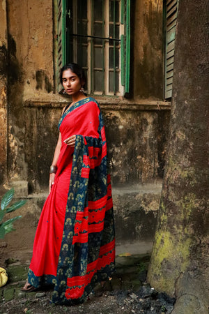 Jharokha -  Blue and Red Ajrakh handblockprinted patchwork Gudri Barmer saree Kaisori