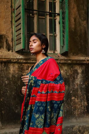 Buy Kabiri Jaipur Red Sharara Pre-Draped Saree with Off Shoulder Stitched  Blouse & Waist Belt (Set of 3) online