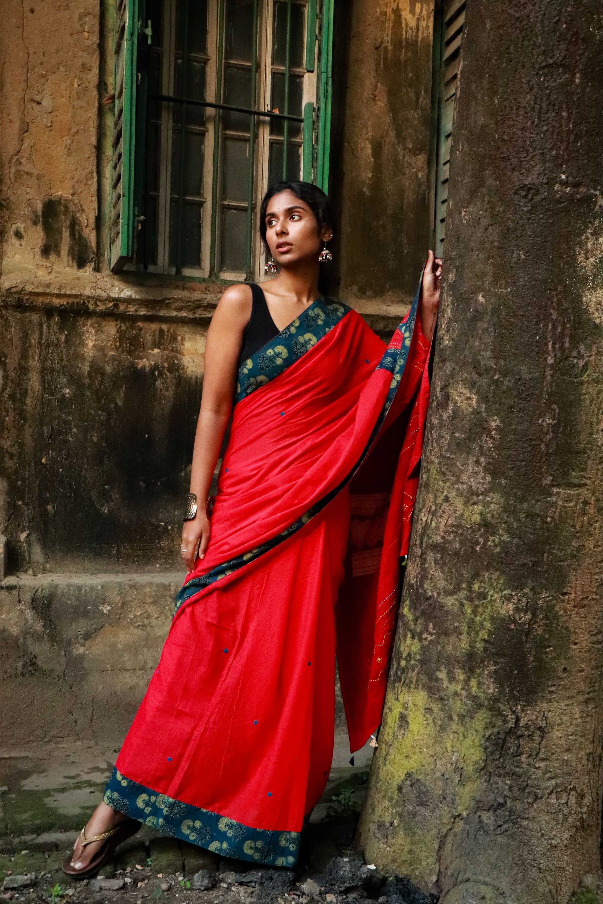 Jharokha -  Blue and Red Ajrakh handblockprinted patchwork Gudri Barmer saree Kaisori