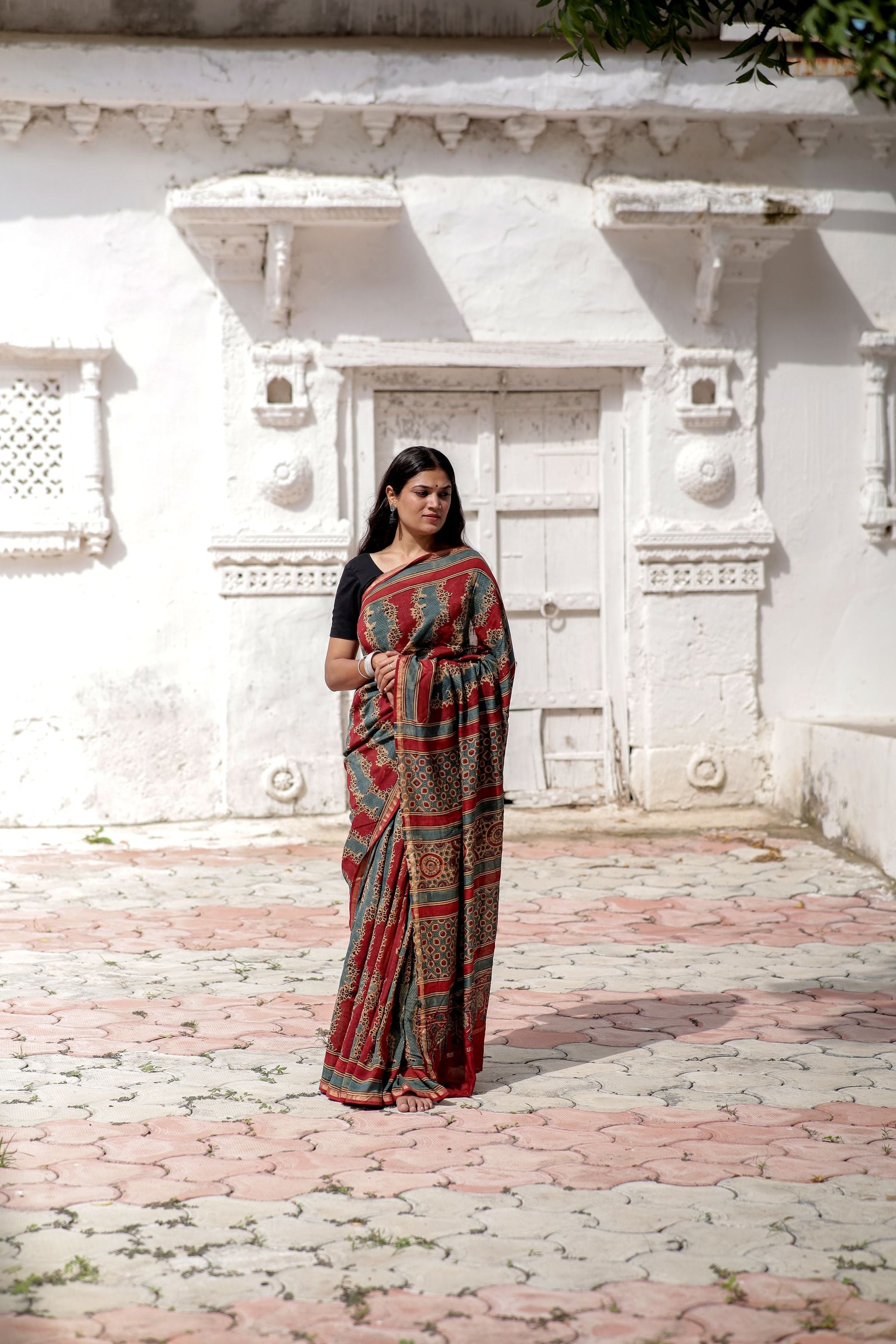 Jharokha -Blue and Red geometric silk cotton Ajrakh handblockprinted saree Kaisori