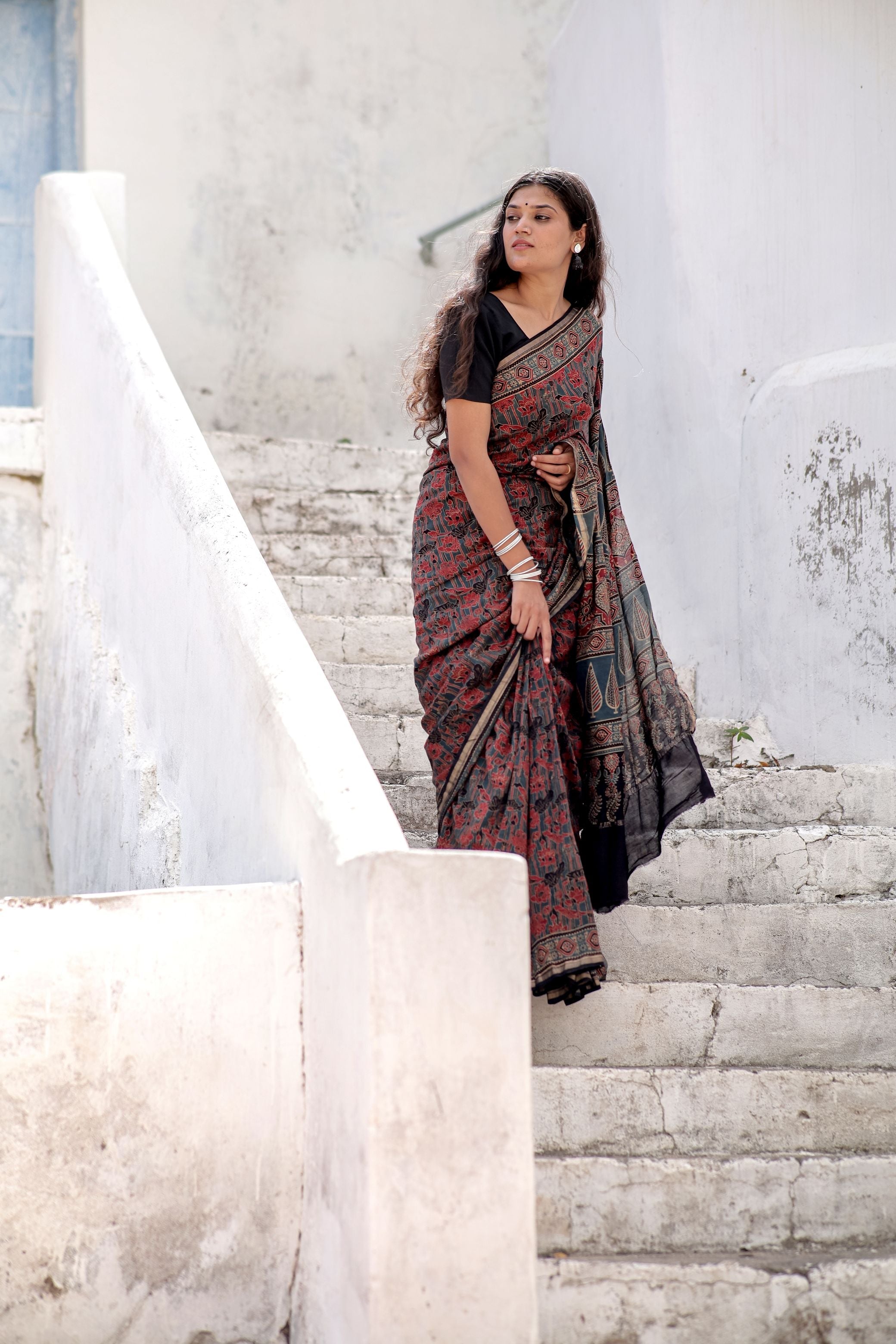 Jharokha -Blue and Red geometric silk cotton Ajrakh handblockprinted saree Kaisori
