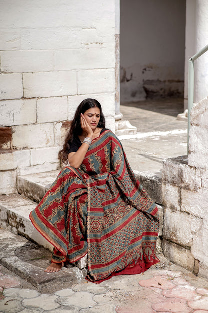 Jharokha -Blue and Red geometric silk cotton Ajrakh handblockprinted saree Kaisori