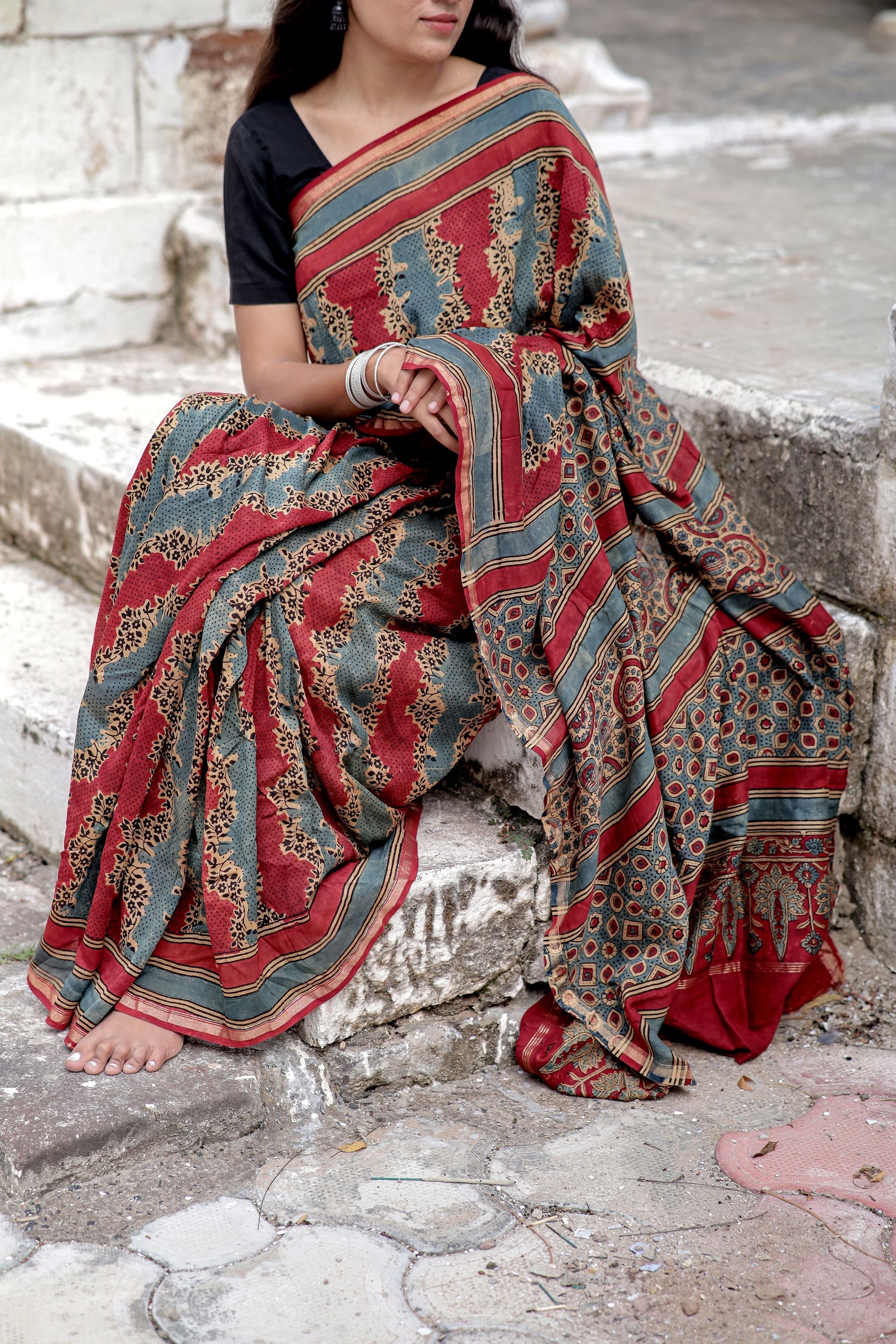 Jharokha -Blue and Red geometric silk cotton Ajrakh handblockprinted saree Kaisori