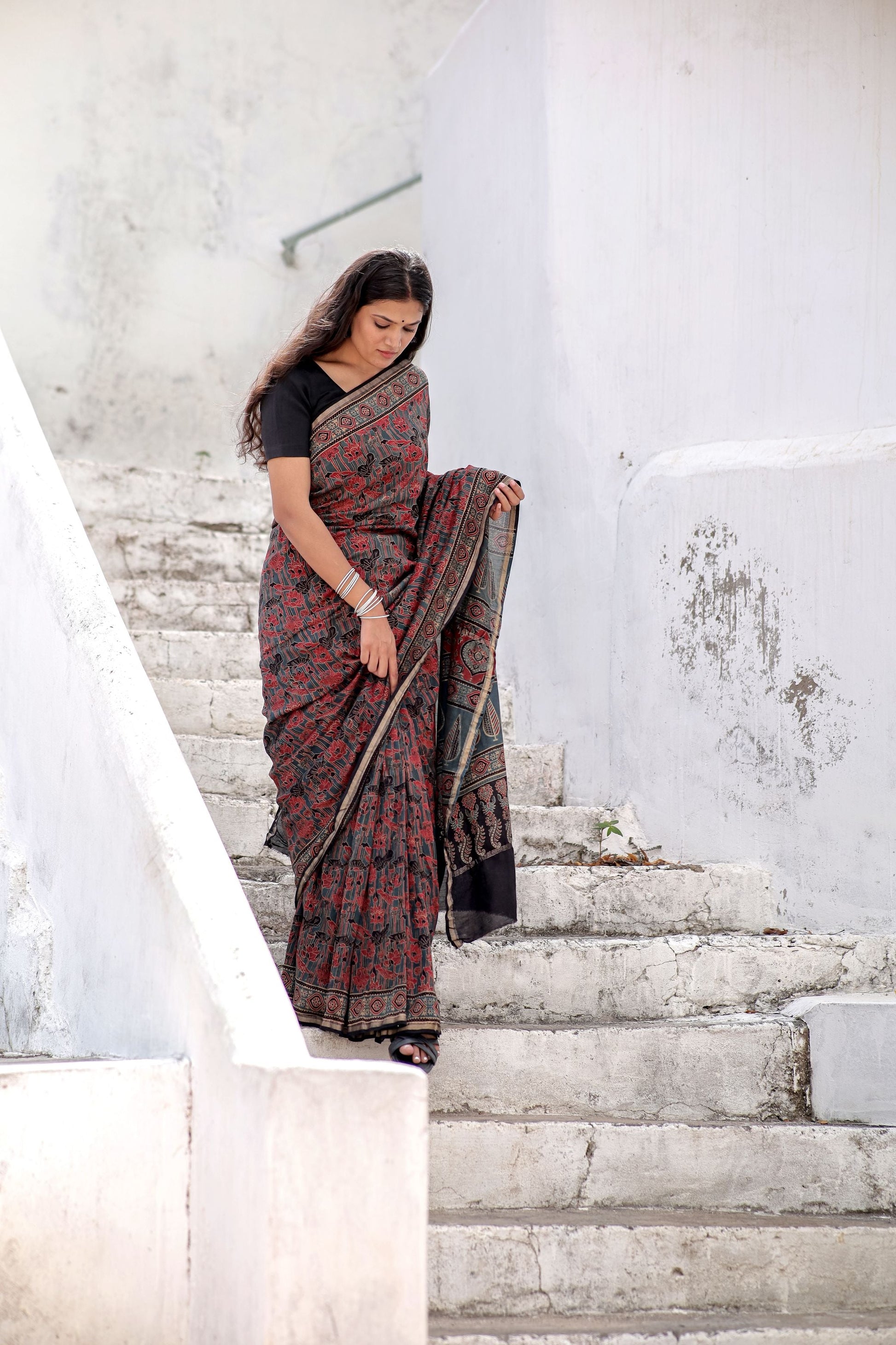 Jharokha -Blue and Red geometric silk cotton Ajrakh handblockprinted saree Kaisori