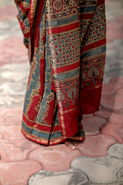 Jharokha -Blue and Red geometric silk cotton Ajrakh handblockprinted saree Kaisori