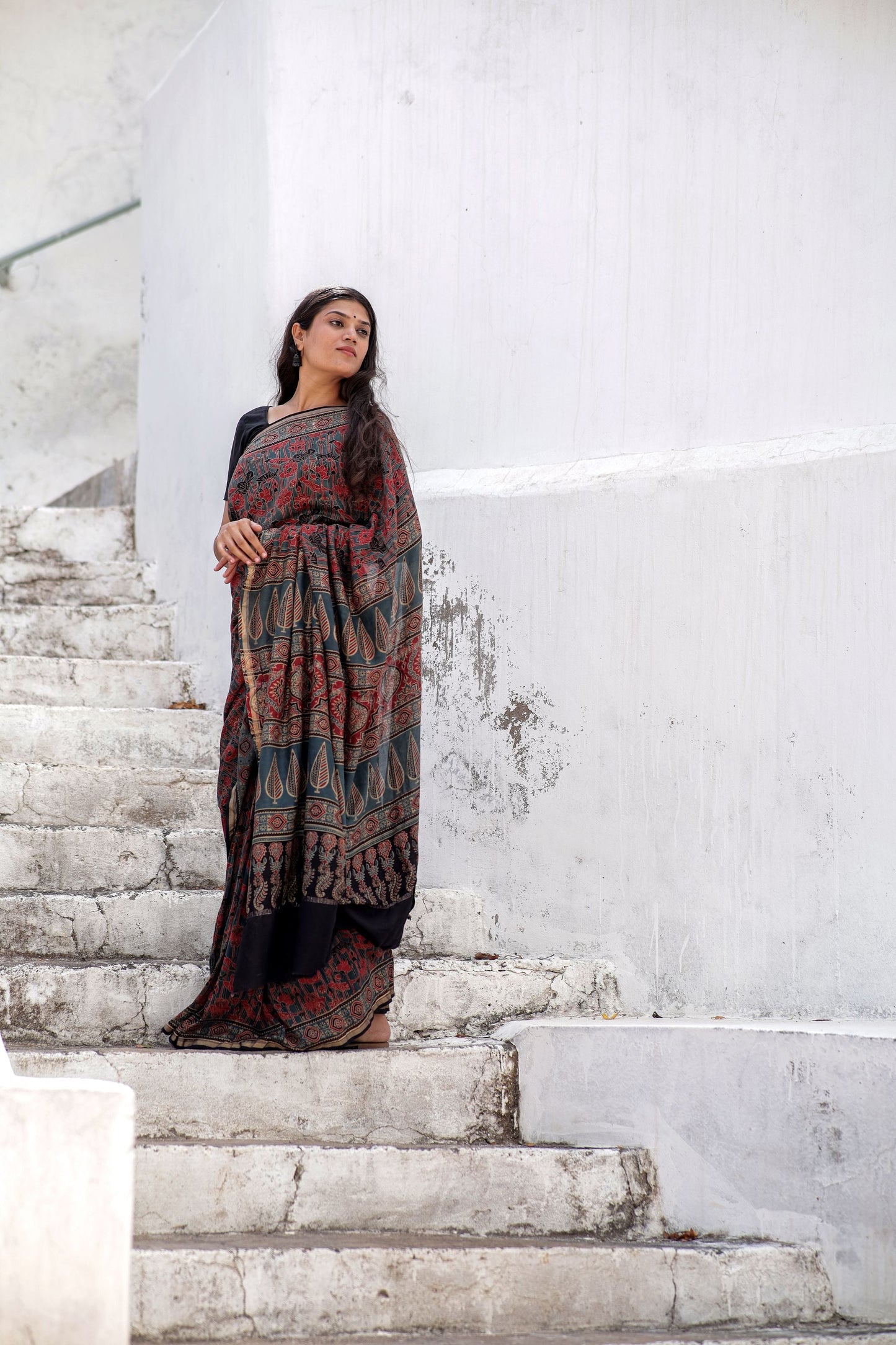 Jharokha -Blue and Red geometric silk cotton Ajrakh handblockprinted saree Kaisori