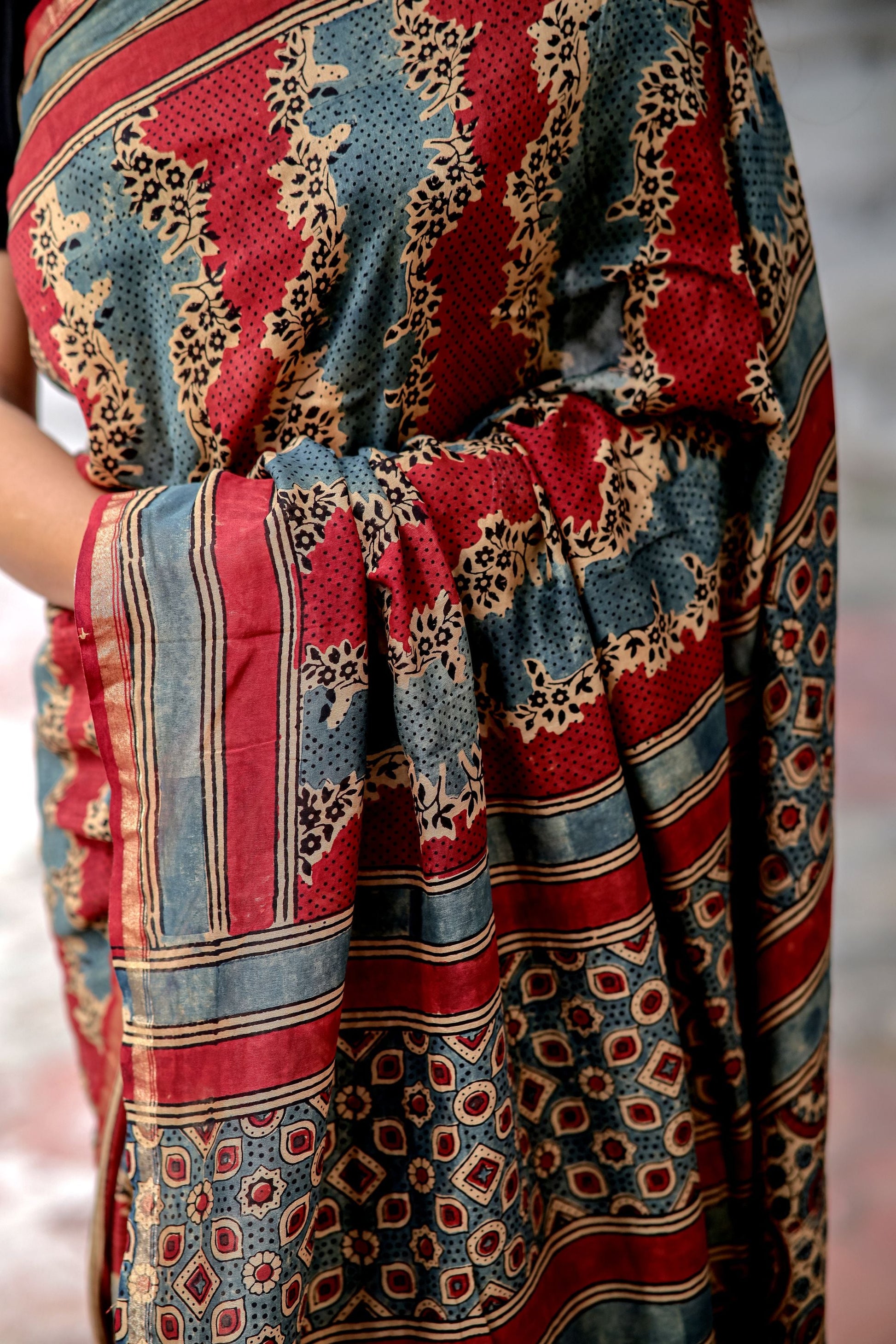 Jharokha -Blue and Red geometric silk cotton Ajrakh handblockprinted saree Kaisori