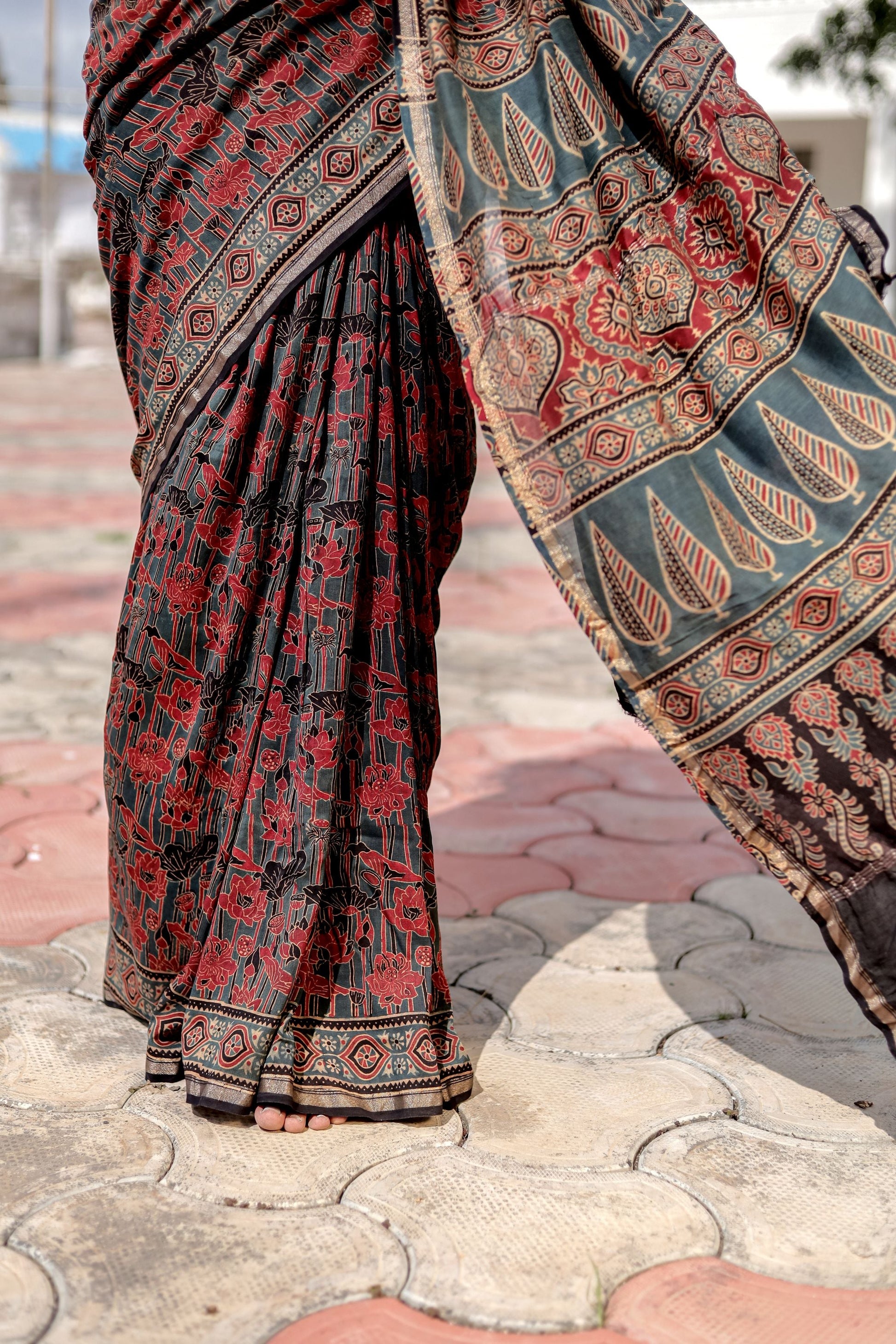 Jharokha -Blue and Red geometric silk cotton Ajrakh handblockprinted saree Kaisori