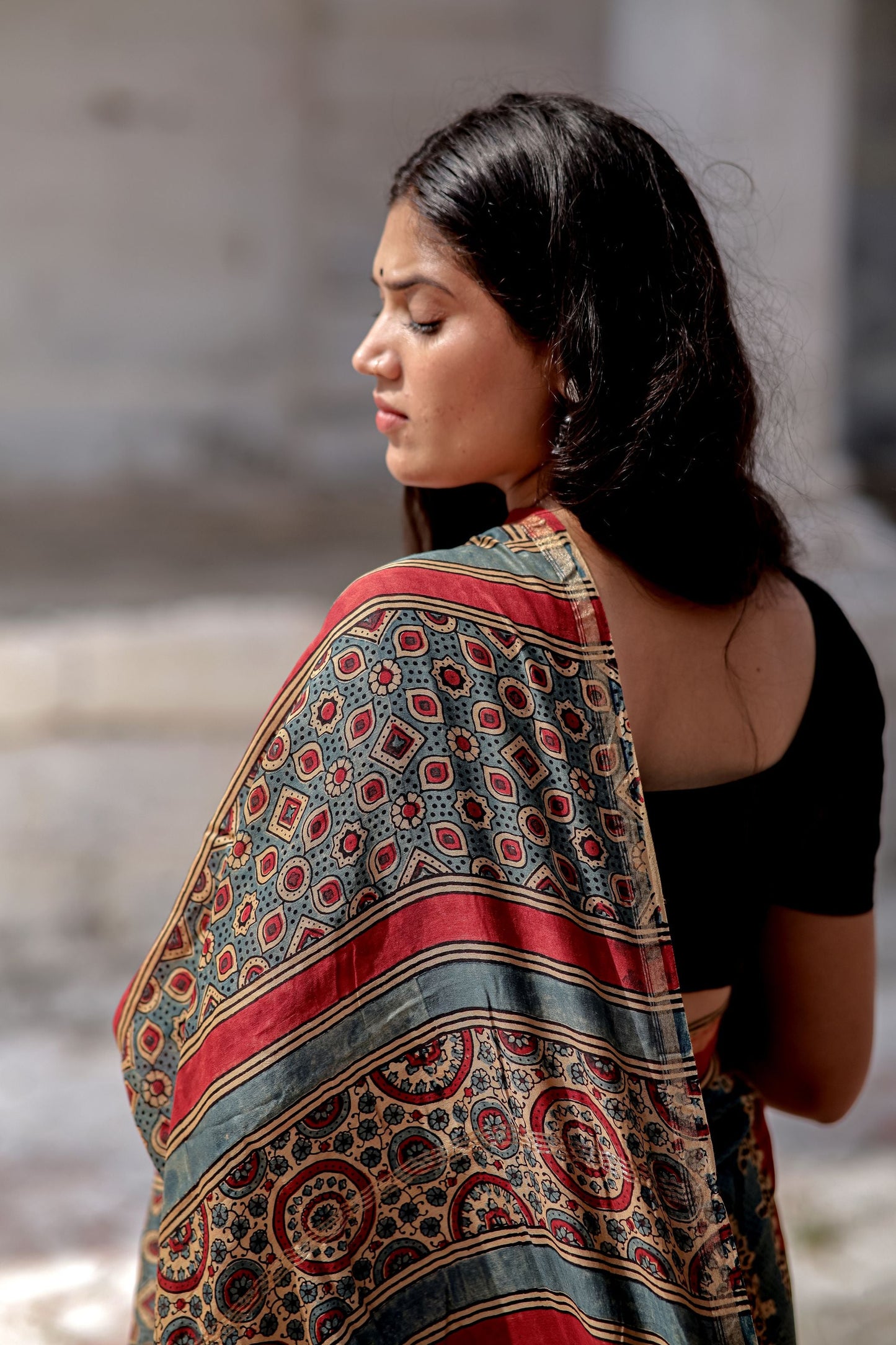 Jharokha -Blue and Red geometric silk cotton Ajrakh handblockprinted saree Kaisori