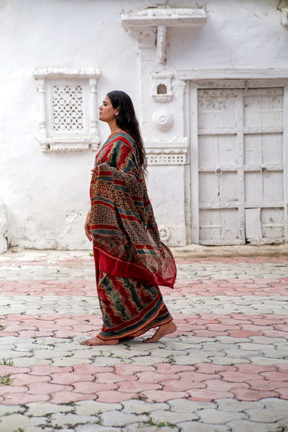 Jharokha -Blue and Red geometric silk cotton Ajrakh handblockprinted saree Kaisori