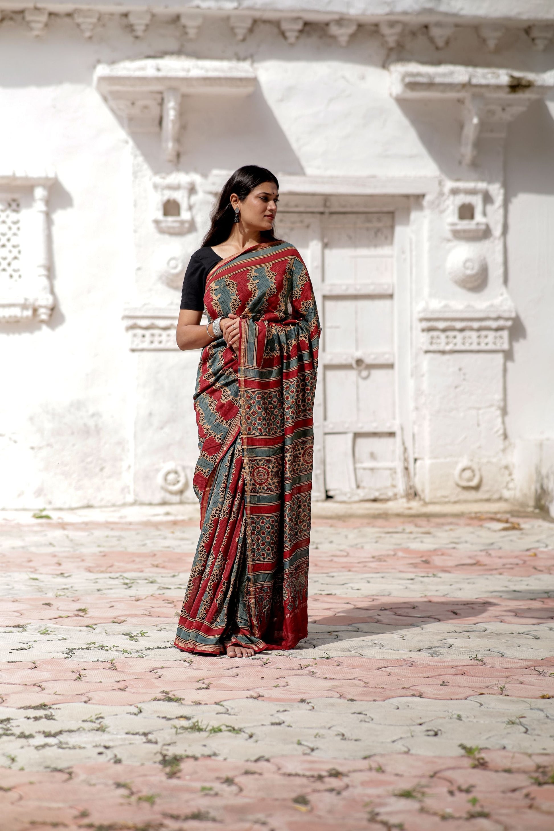 Jharokha -Blue and Red geometric silk cotton Ajrakh handblockprinted saree Kaisori