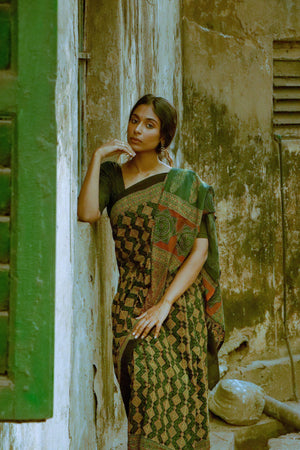 Jharokha -  Green Ajrakh handblockprinted saree Kaisori