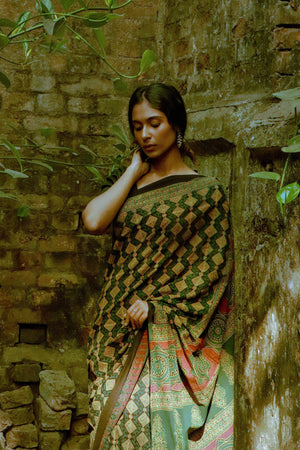 Jharokha -  Green Ajrakh handblockprinted saree Kaisori