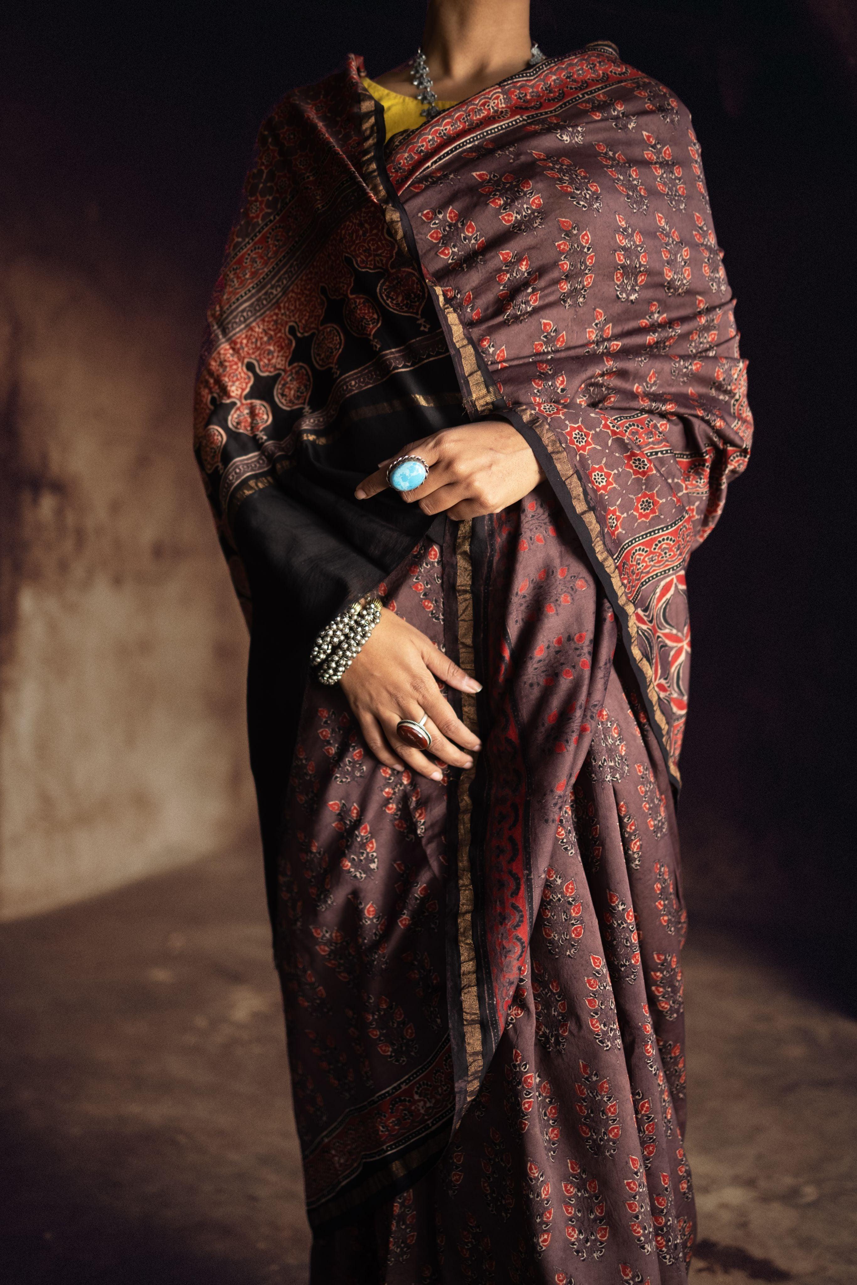Jharokha -Grey and red silk  cotton Ajrakh handblockprinted saree Kaisori