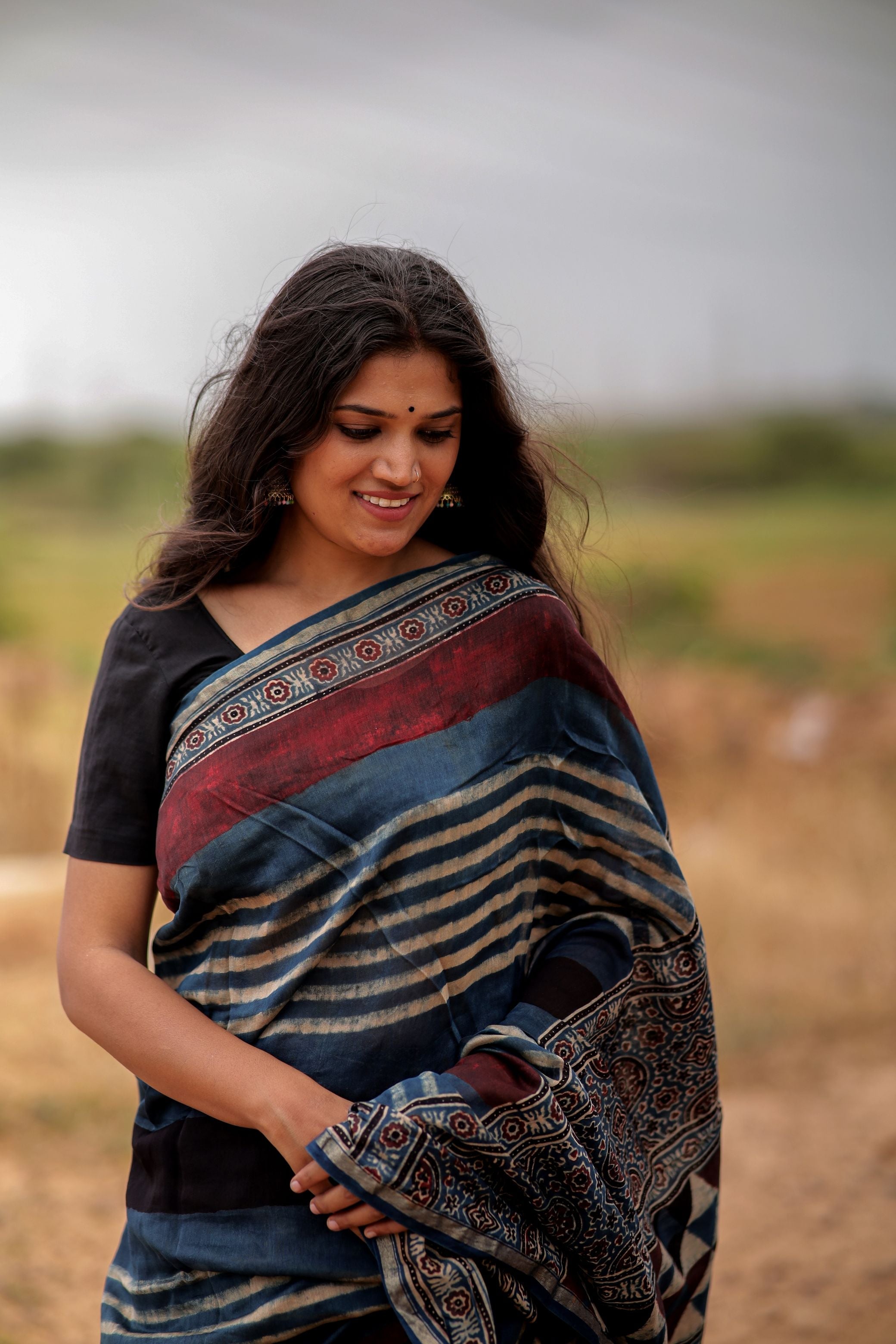 Jharokha -Indigo & black red striped silk cotton Ajrakh handblockprinted saree Kaisori