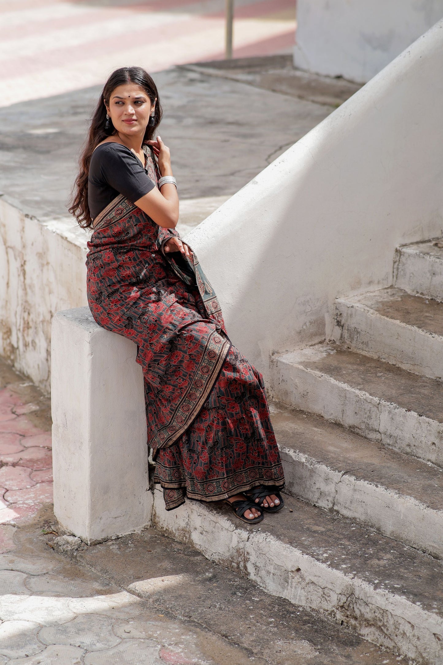 Jharokha -Indigo red floral silk cotton Ajrakh handblockprinted saree Kaisori