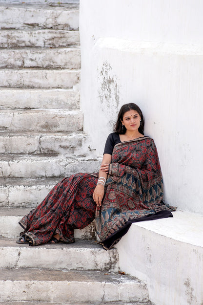 Jharokha -Indigo red floral silk cotton Ajrakh handblockprinted saree Kaisori