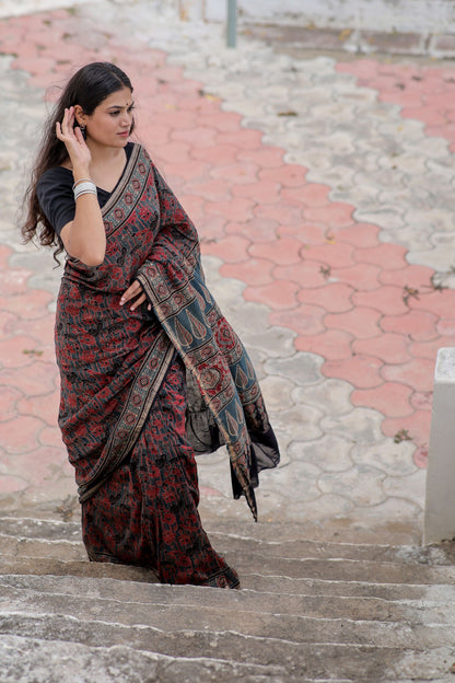 Jharokha -Indigo red floral silk cotton Ajrakh handblockprinted saree Kaisori