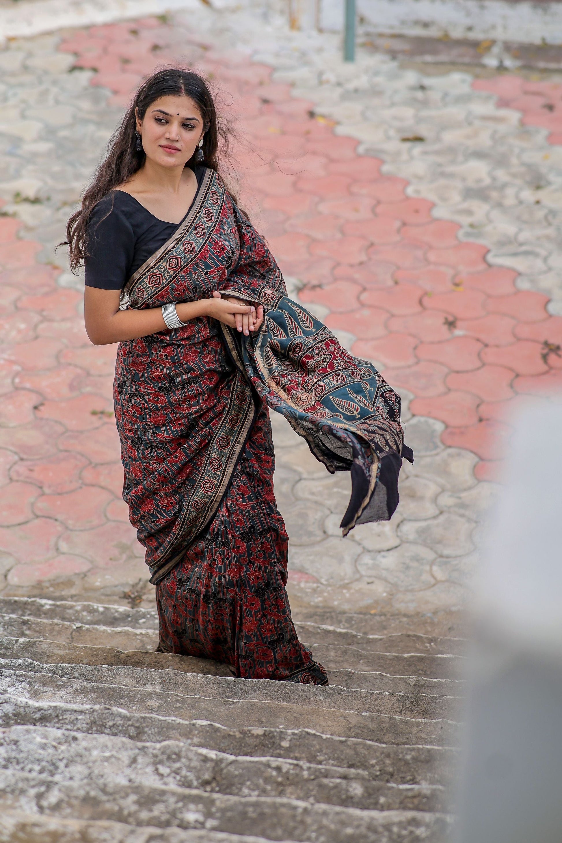 Jharokha -Indigo red floral silk cotton Ajrakh handblockprinted saree Kaisori