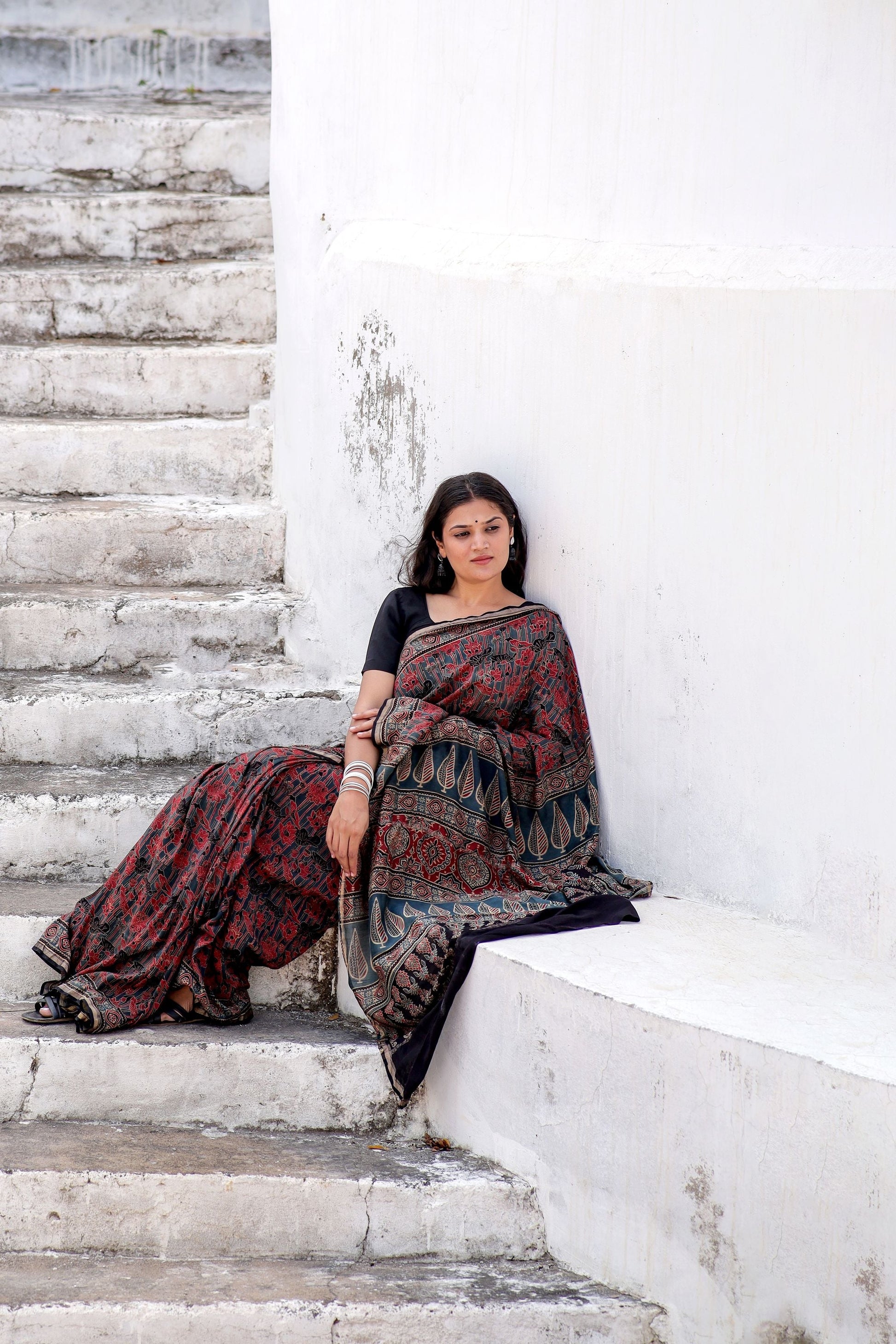 Jharokha -Indigo red floral silk cotton Ajrakh handblockprinted saree Kaisori