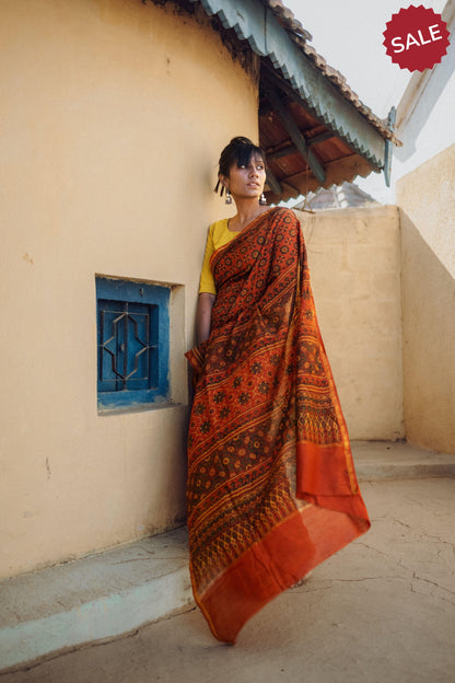 Jharokha -Orange green silk cotton Ajrakh handblockprinted saree Kaisori