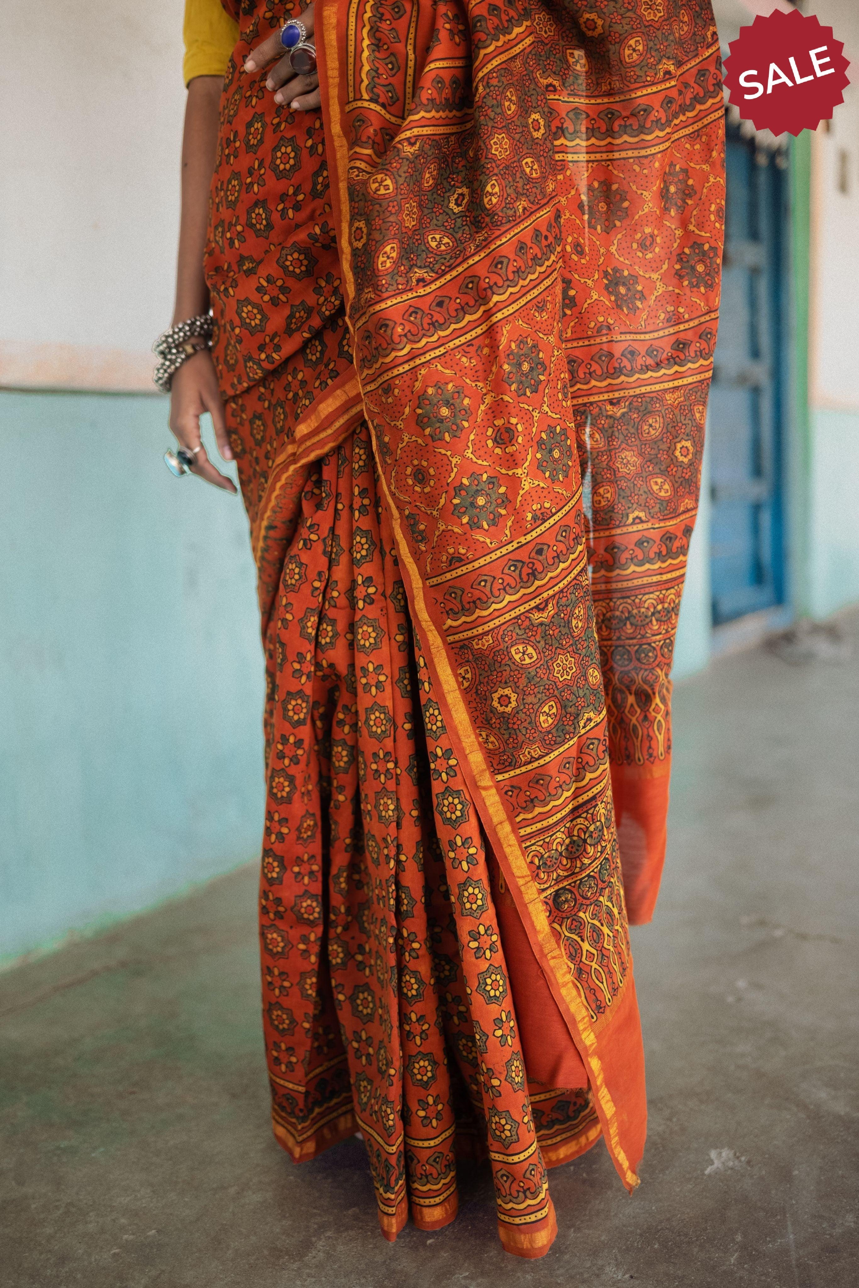 Jharokha -Orange green silk cotton Ajrakh handblockprinted saree Kaisori