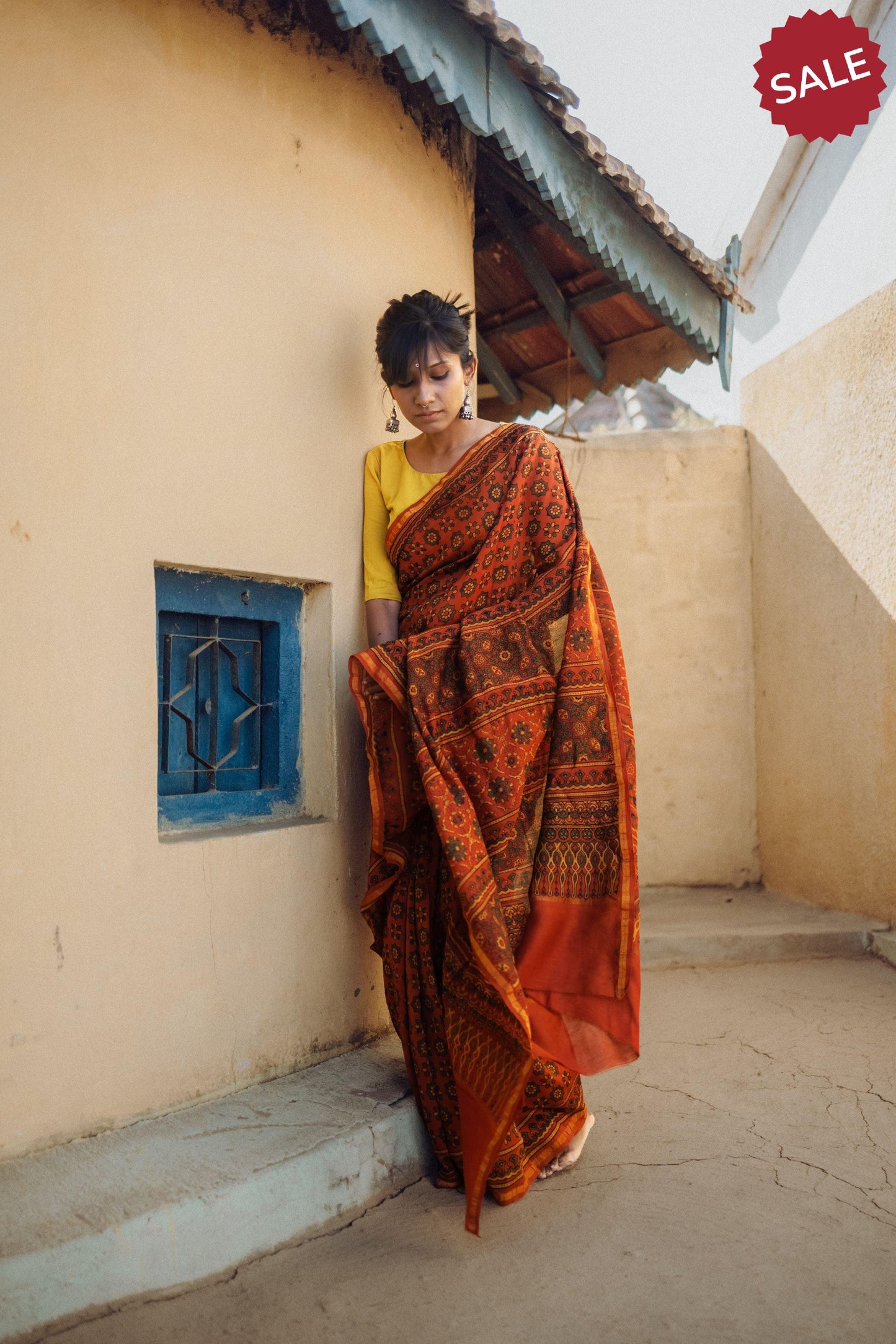 Jharokha -Orange green silk cotton Ajrakh handblockprinted saree Kaisori