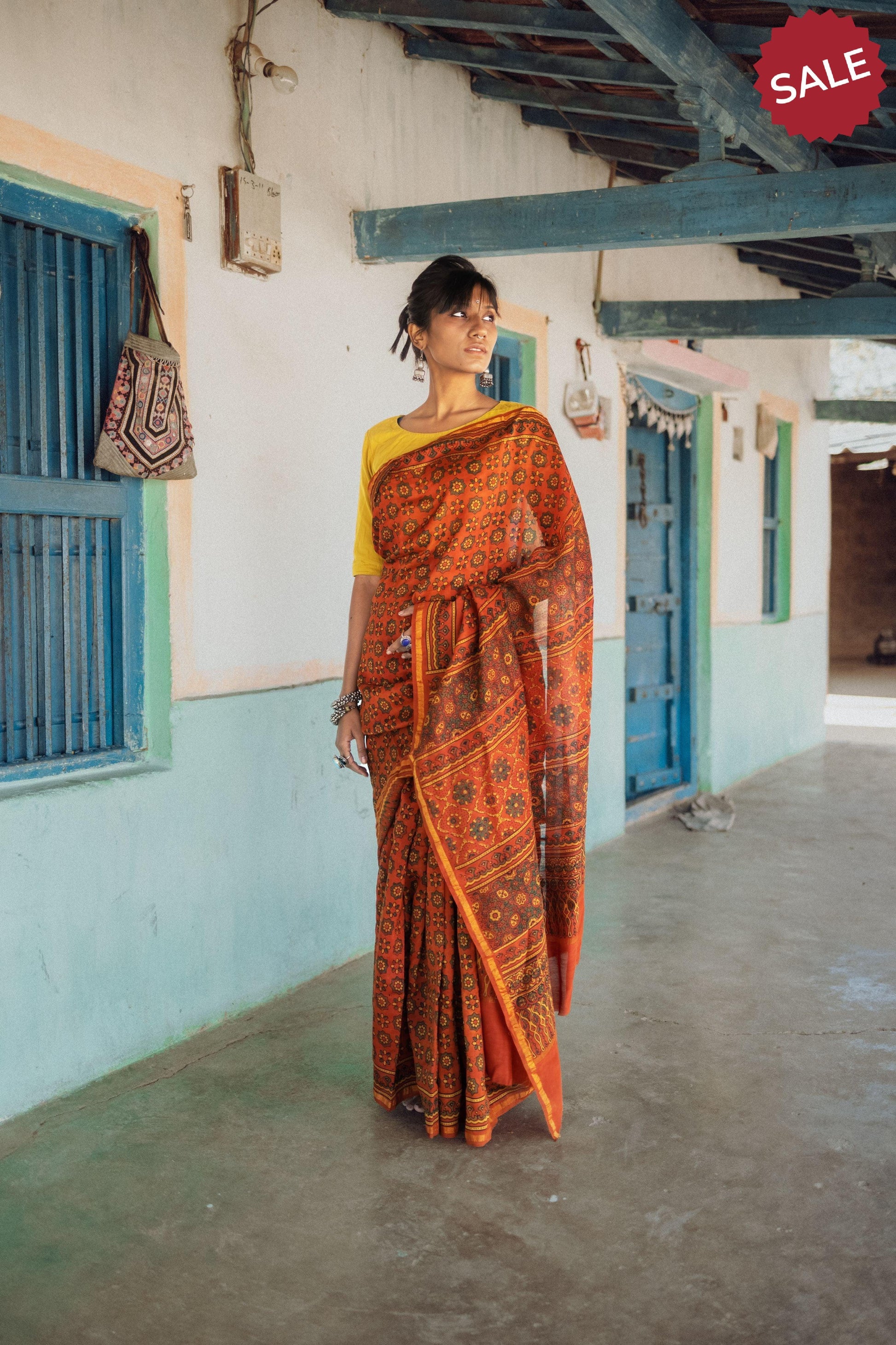 Jharokha -Orange green silk cotton Ajrakh handblockprinted saree Kaisori