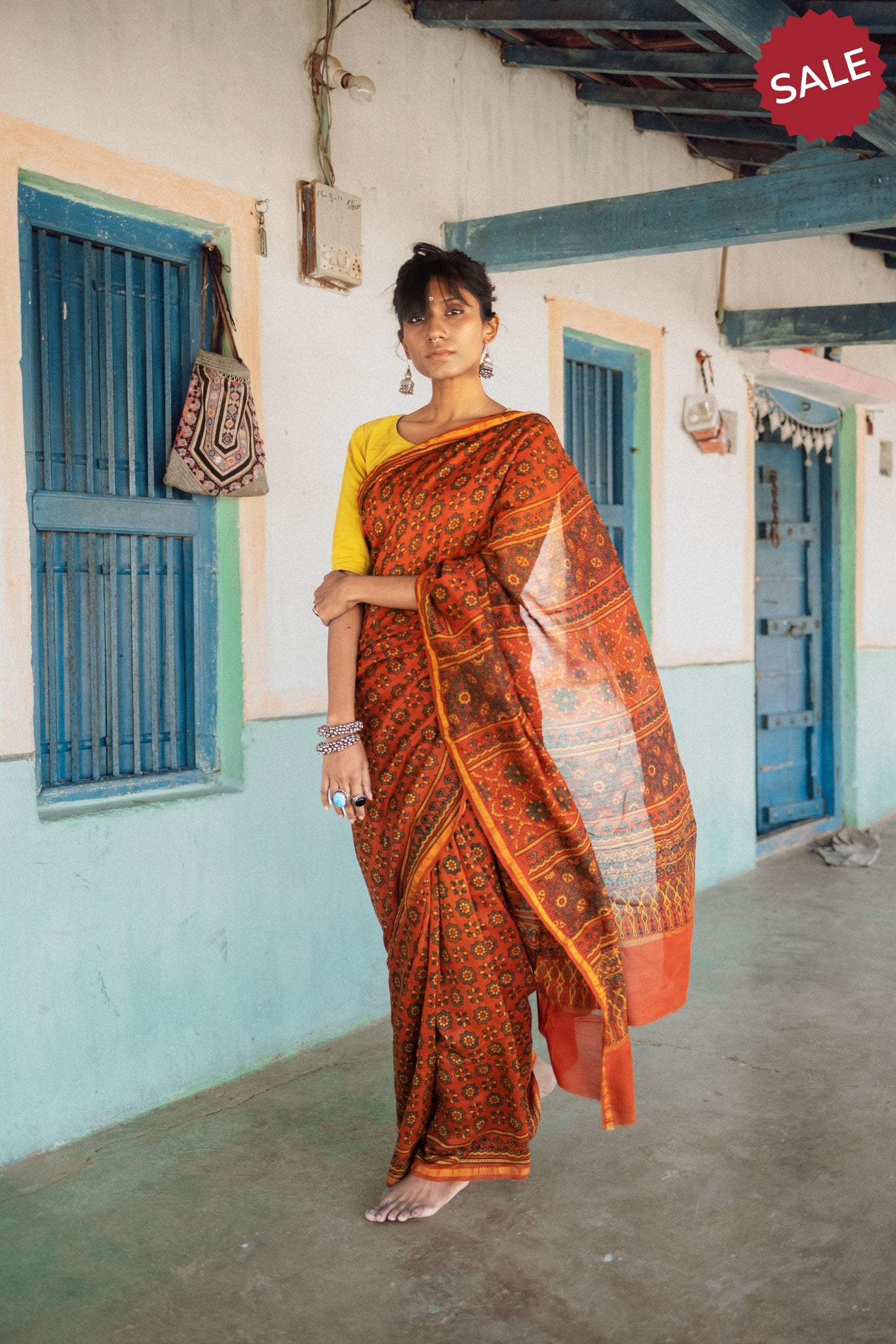 Jharokha -Orange green silk cotton Ajrakh handblockprinted saree Kaisori