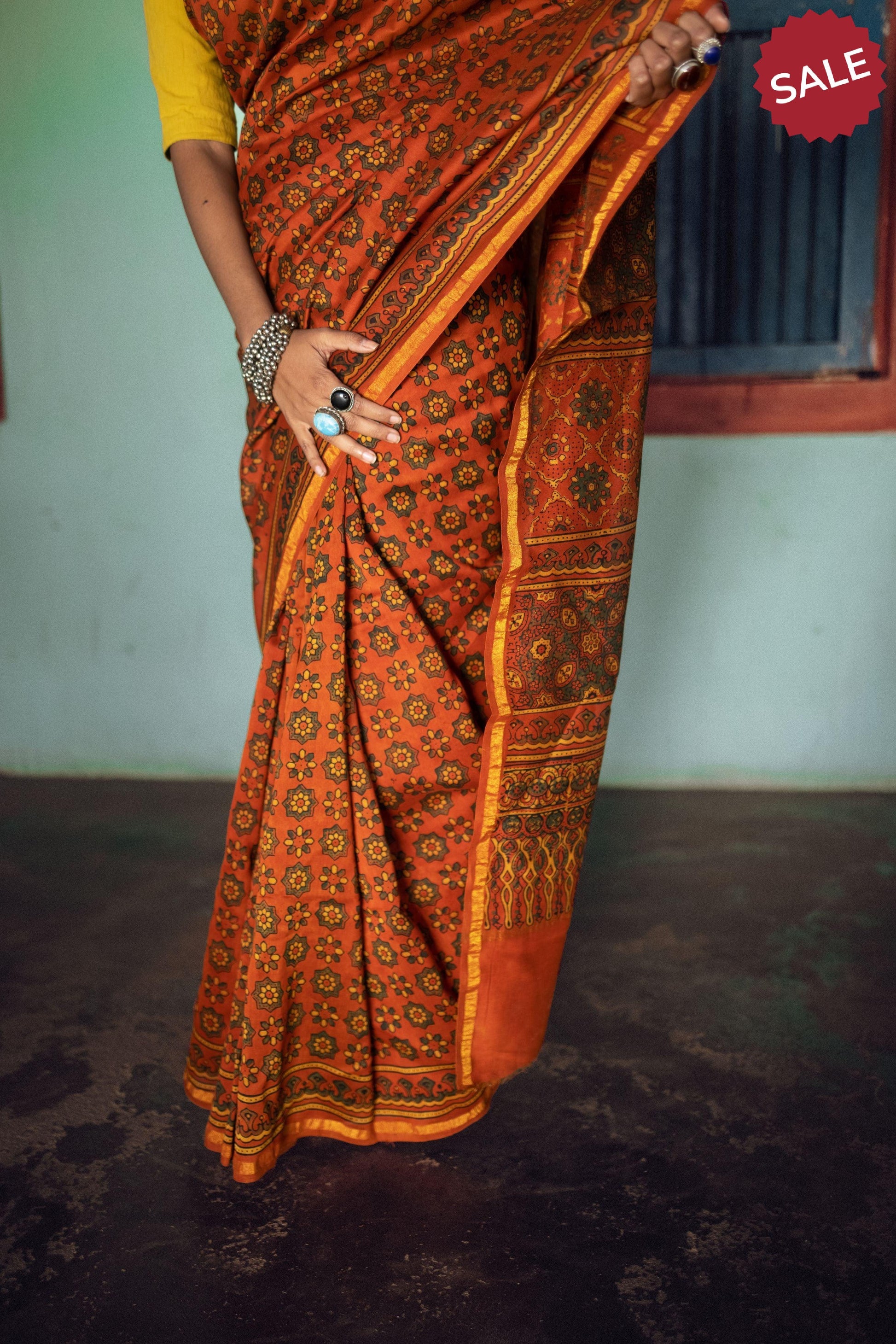 Jharokha -Orange green silk cotton Ajrakh handblockprinted saree Kaisori