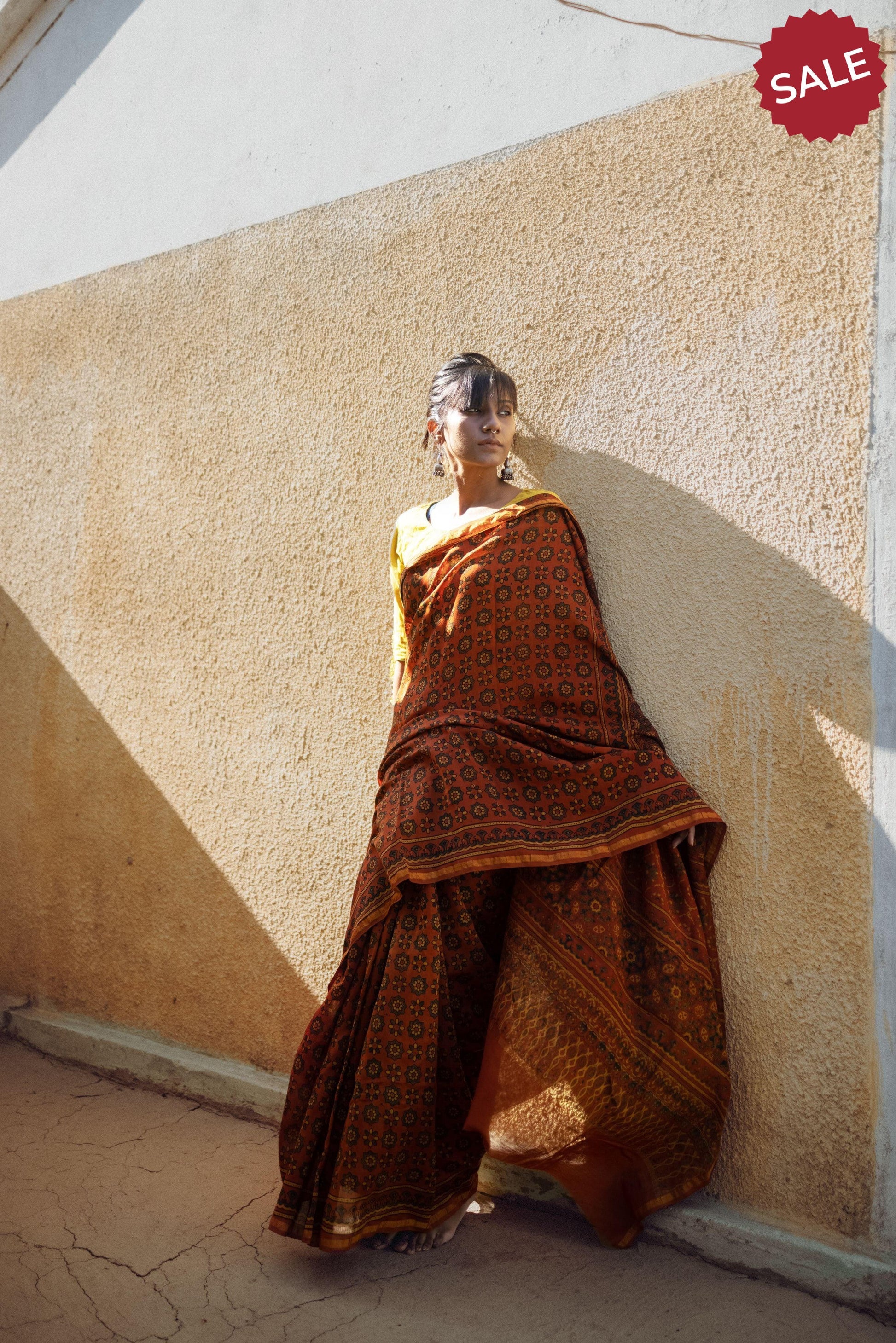 Jharokha -Orange green silk cotton Ajrakh handblockprinted saree Kaisori